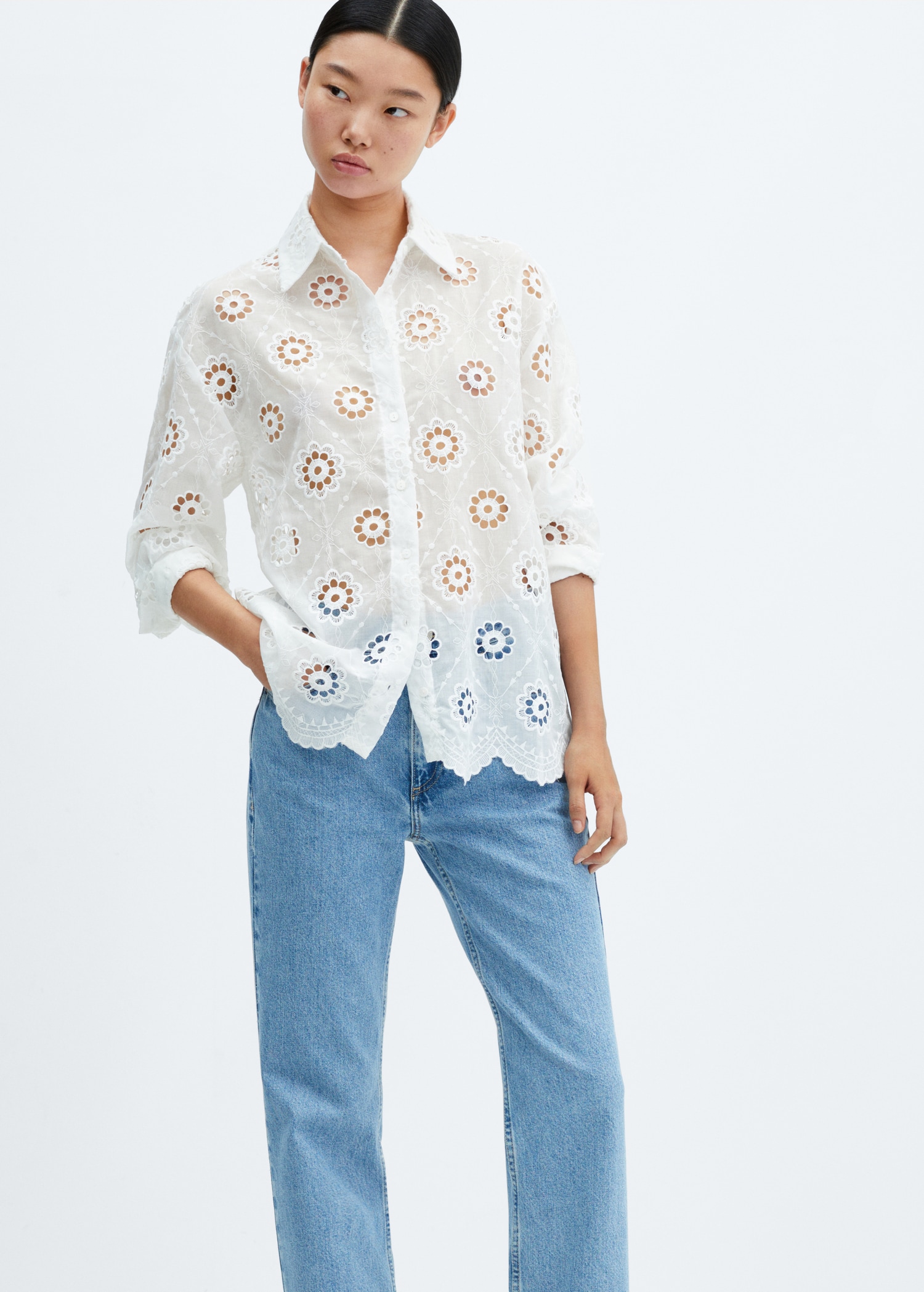 Embroidered openwork shirt