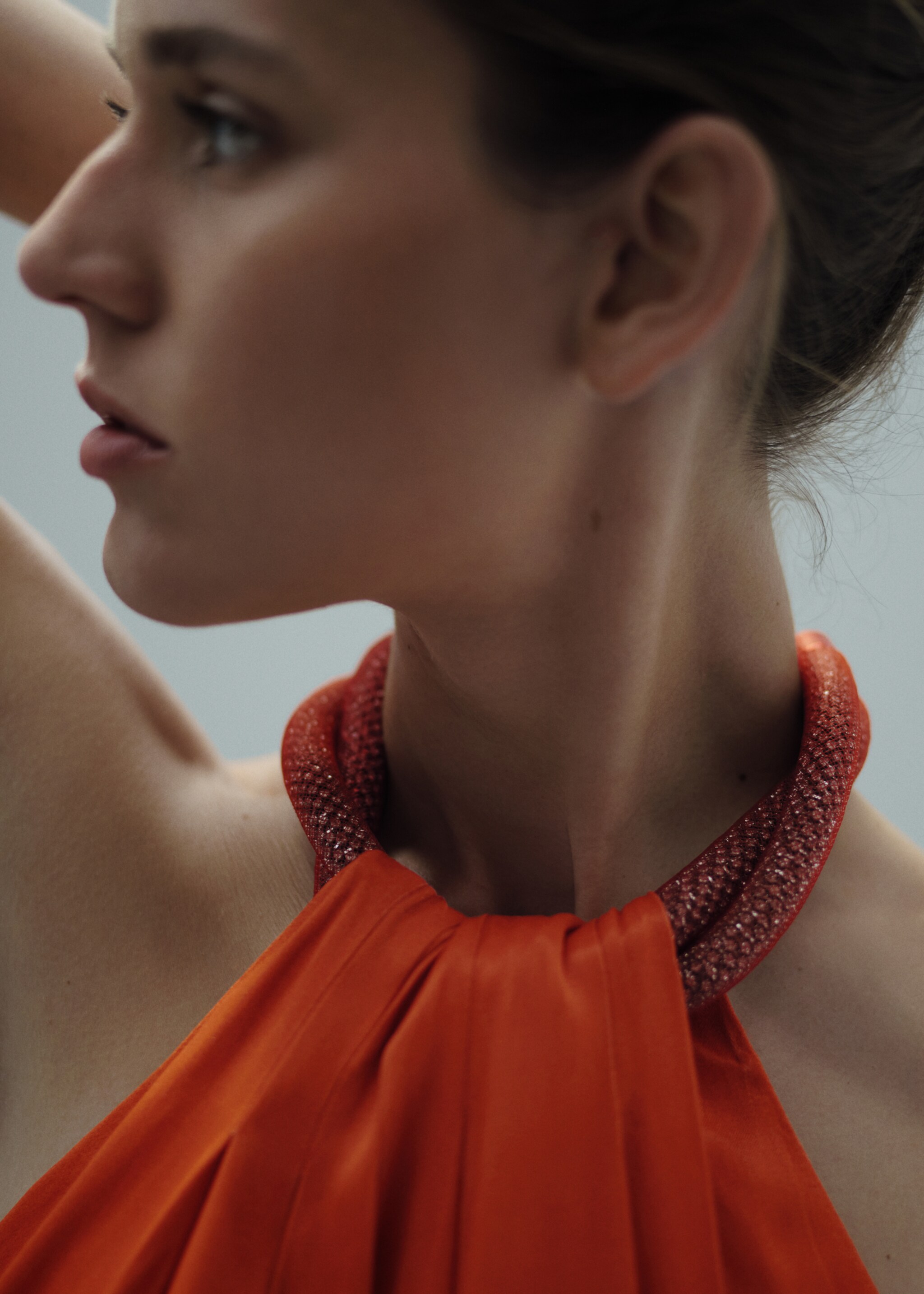Structured satin dress with rhinestone neckline - Details of the article 1, Orange. Ref: 57055150-00.