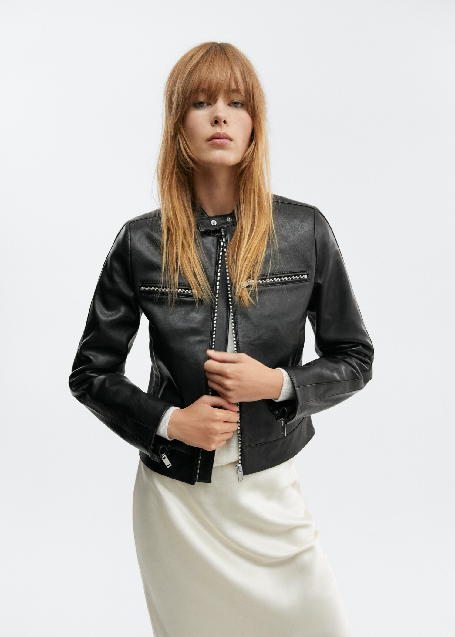 Zipper leather biker jacket