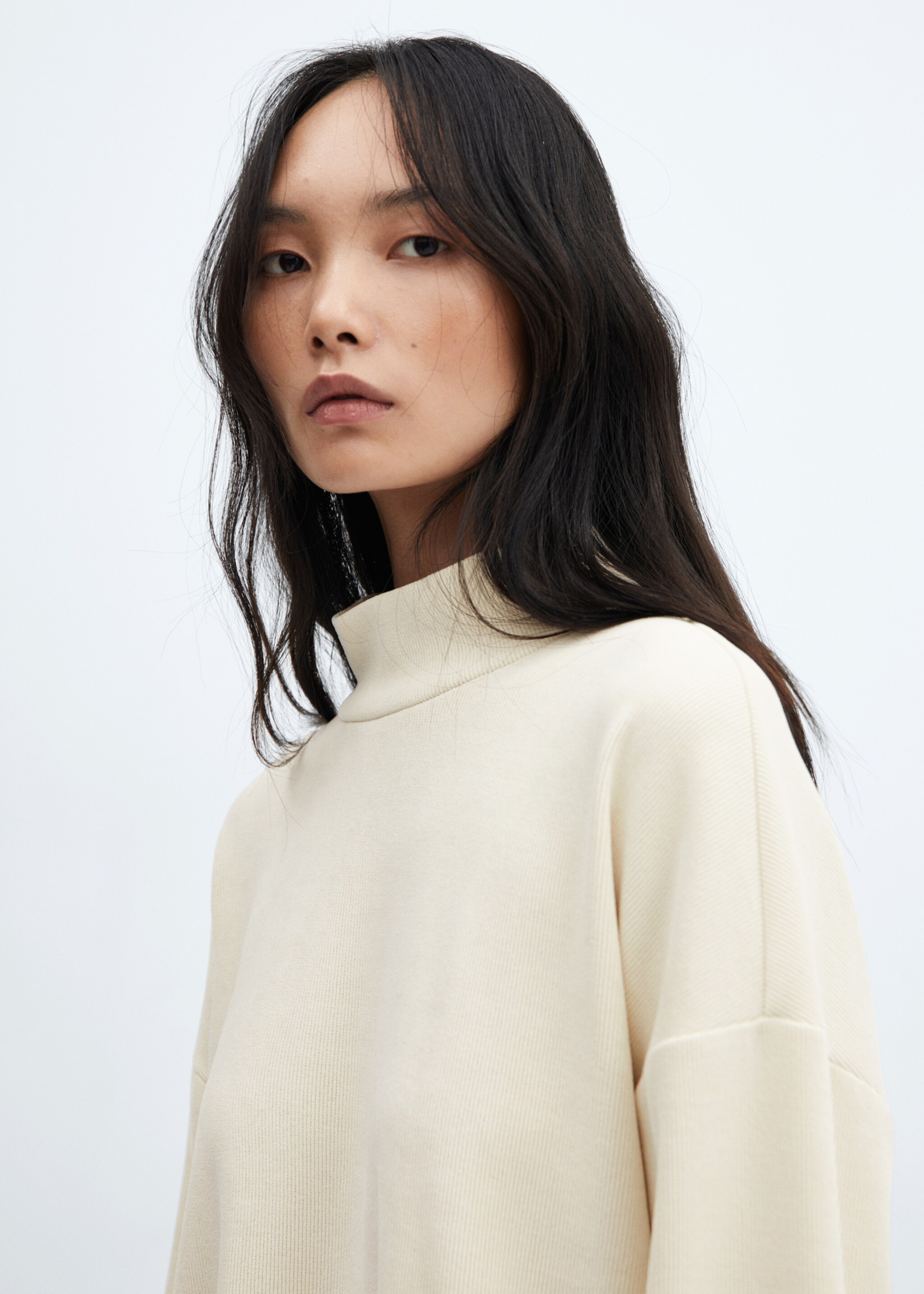 Corduroy sweatshirt with perkins neck - Details of the article 1, Ecru. Ref: 57057742-00.