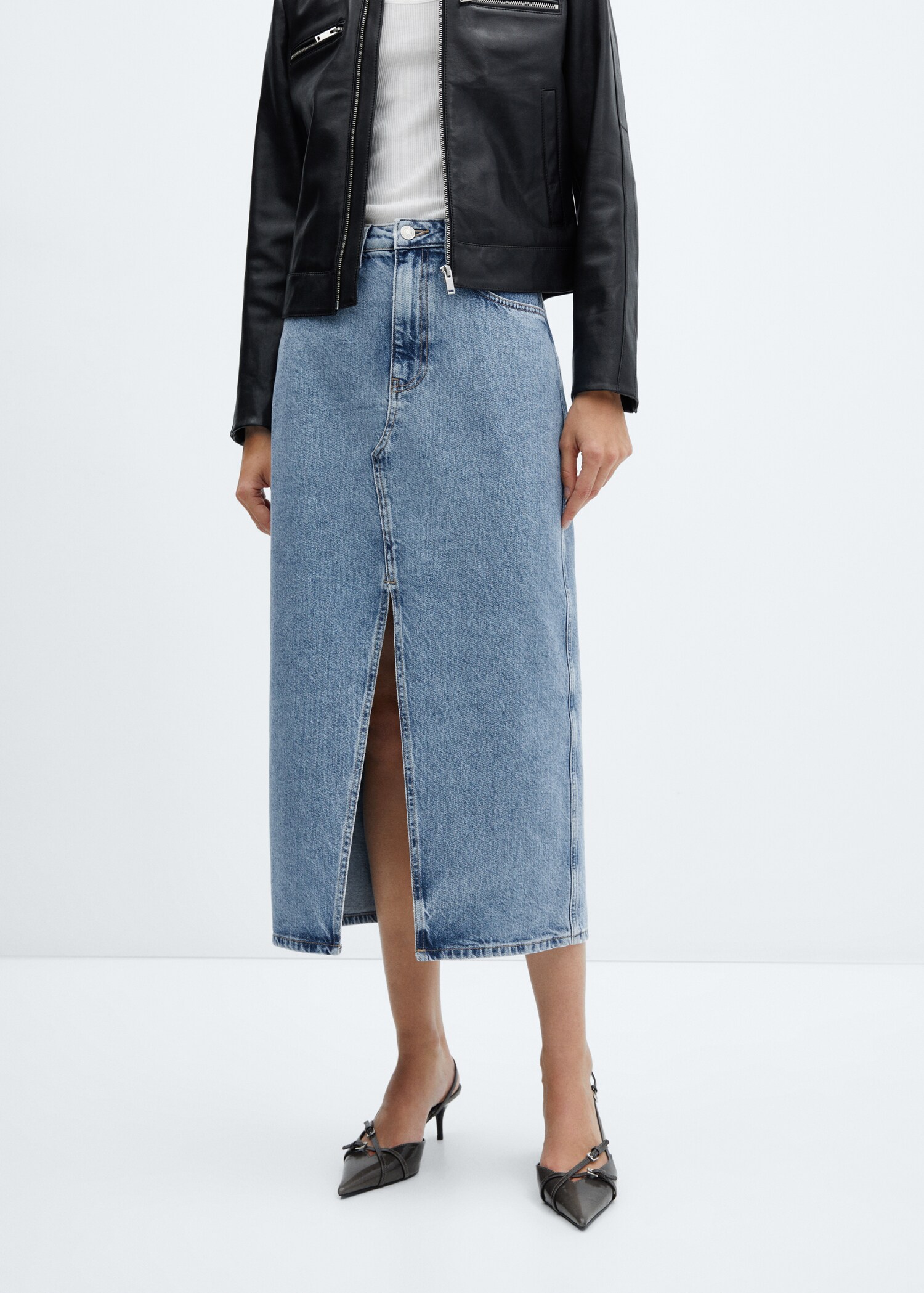 Midi denim etek - Orta plan