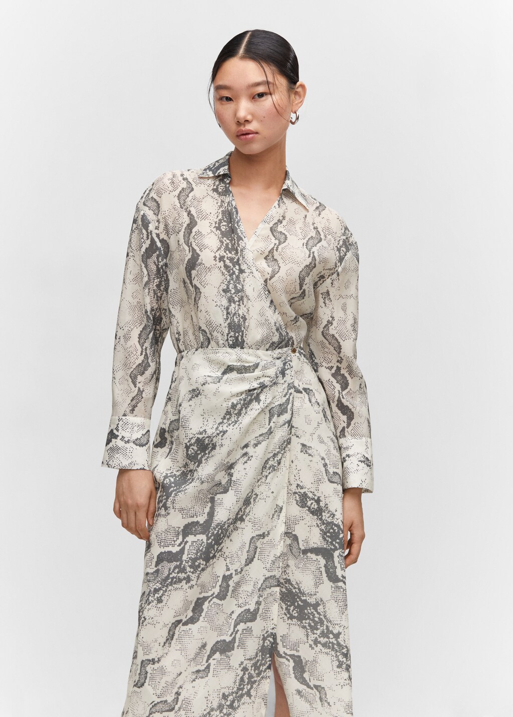 Mango Women's Snake Print Long Sleeve V Neck Button Front Maxi Shirt Dress