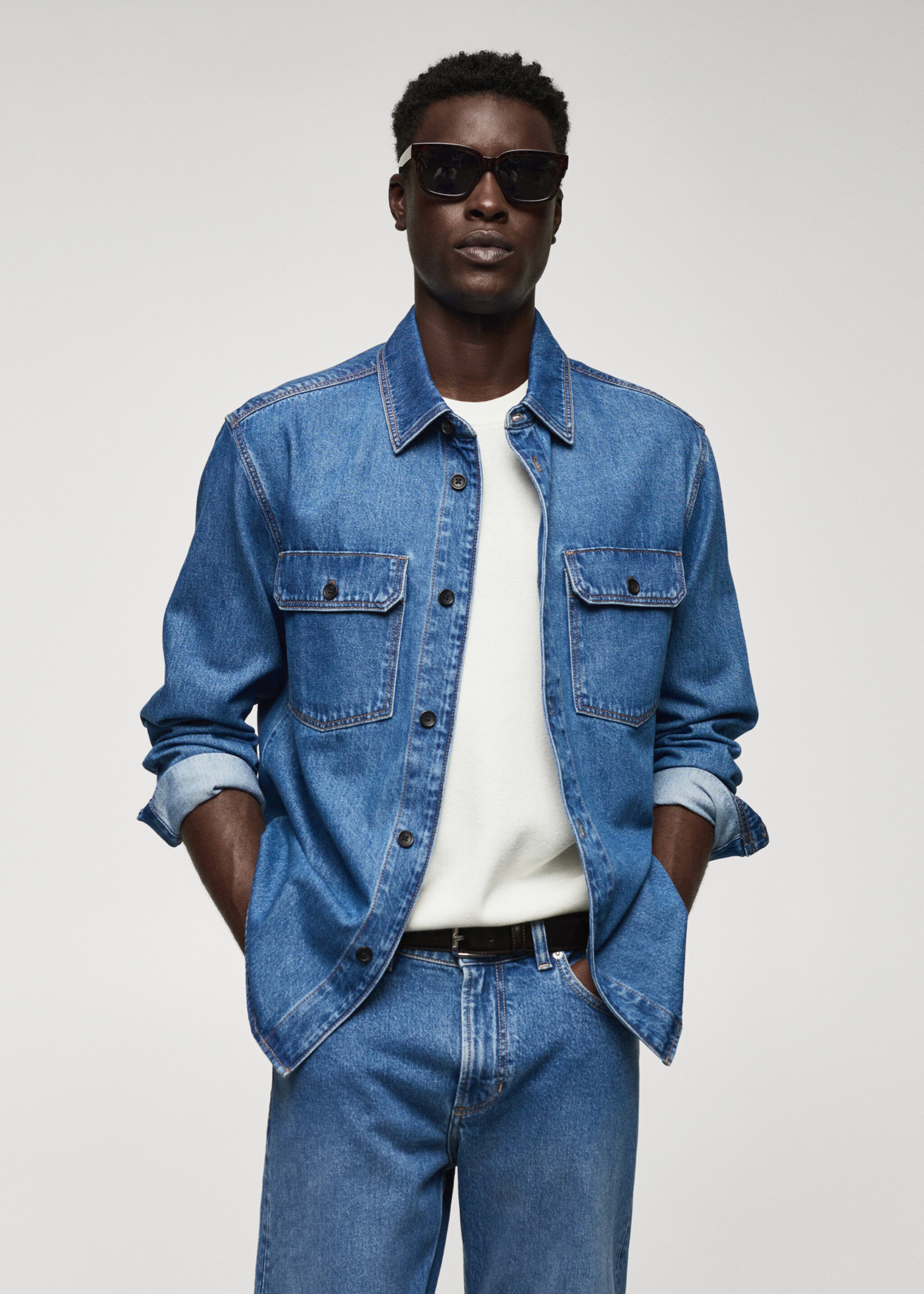 Cotton denim overshirt with pockets - Medium plane, Medium Blue. Ref: 57074415-00.