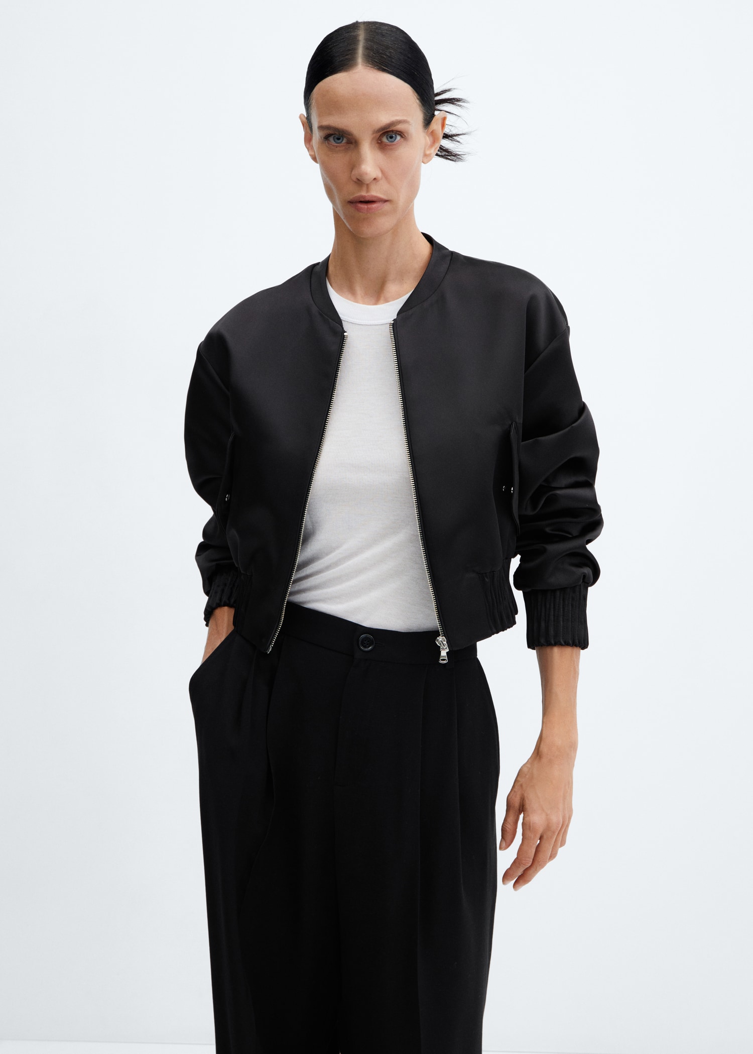 Crop satin bomber jacket - Main Image
