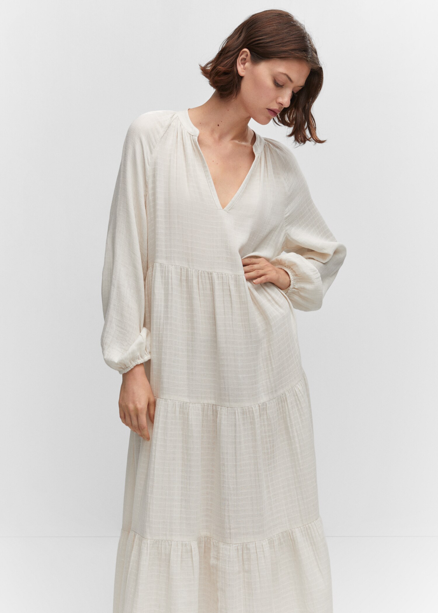 Maxi vestido algodón cuello pico - Plano medio