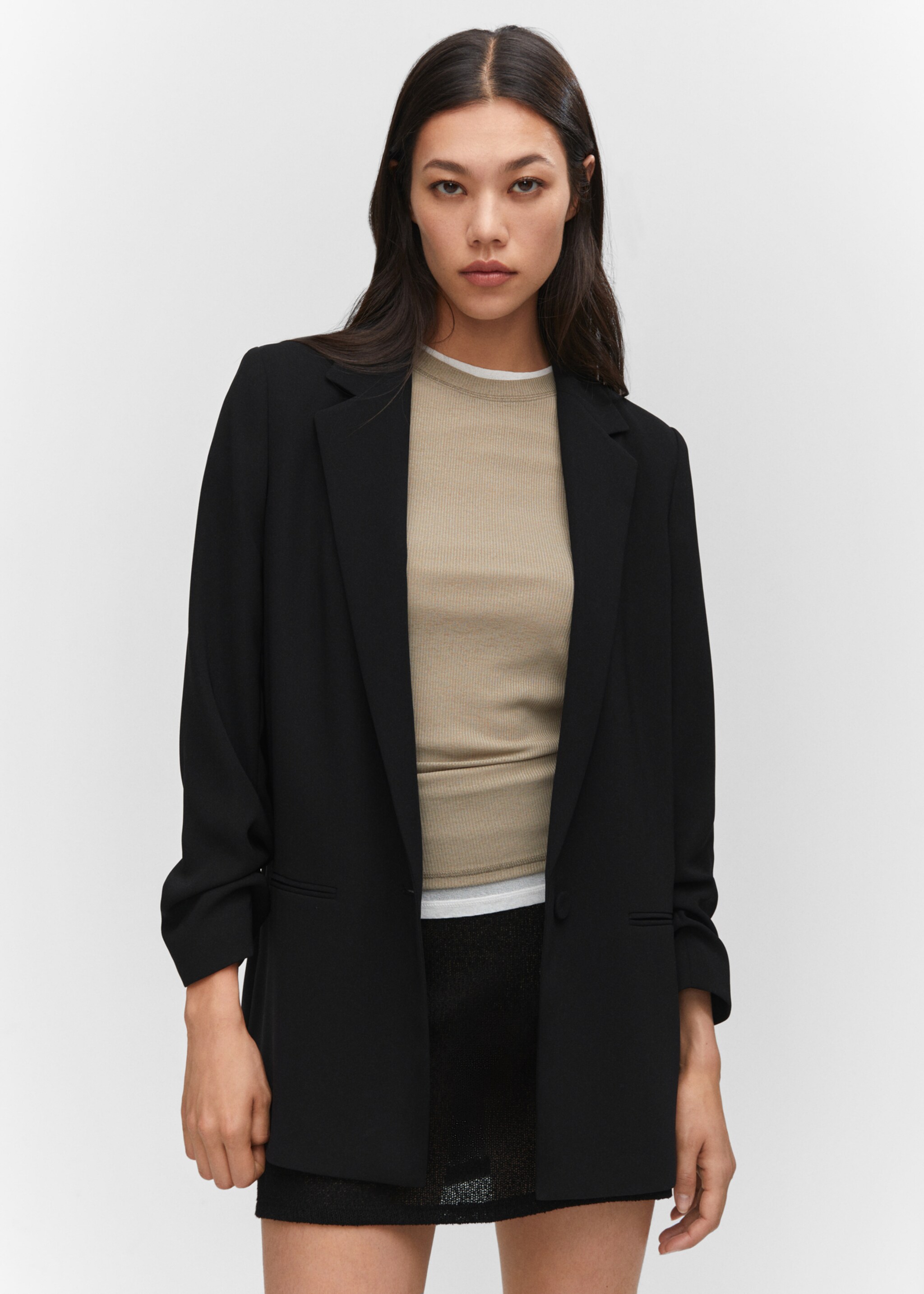 Jacket with gathered sleeves - Medium plane, Black. Ref: 57093795-00.