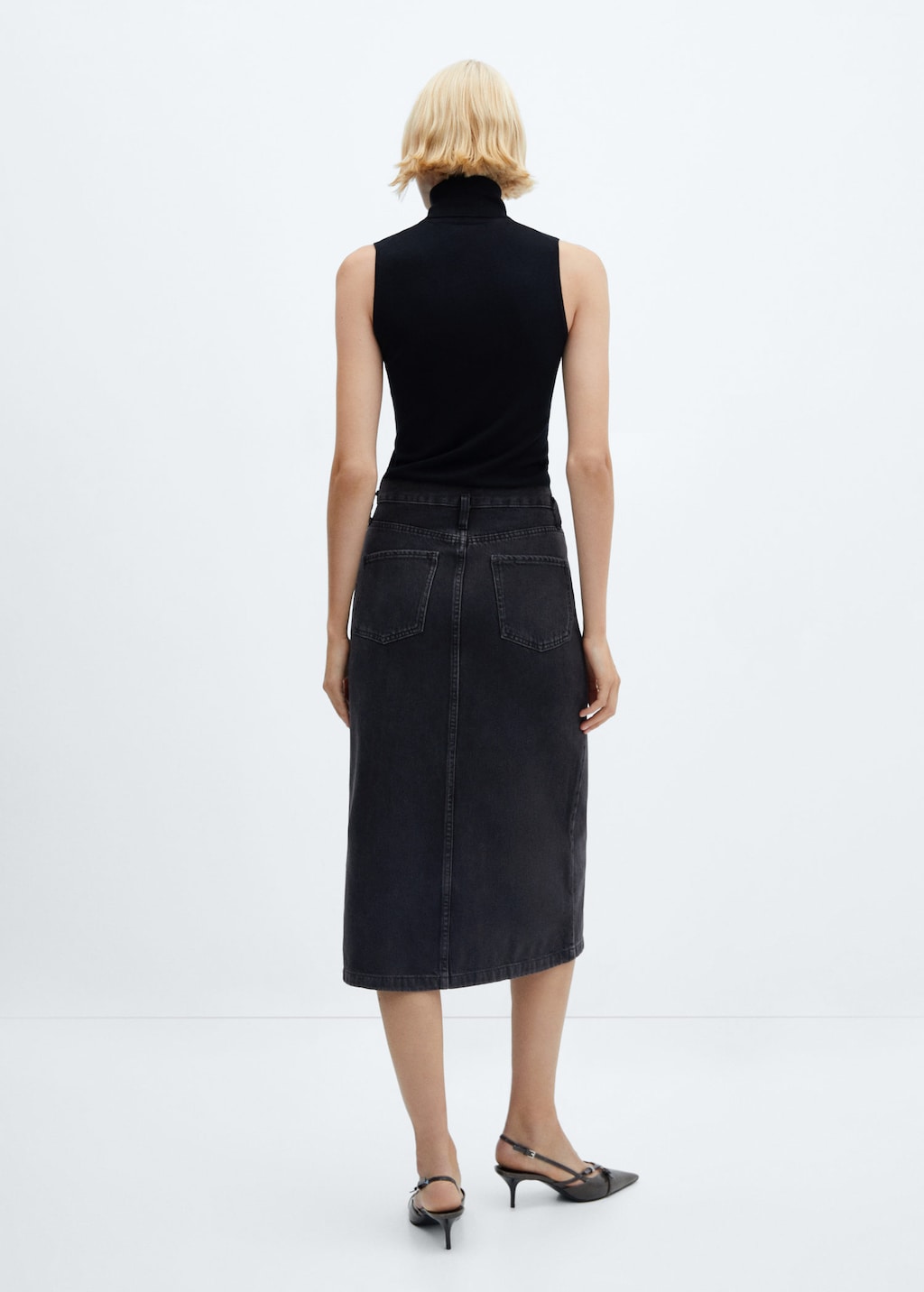 Black denim midi skirt zara top