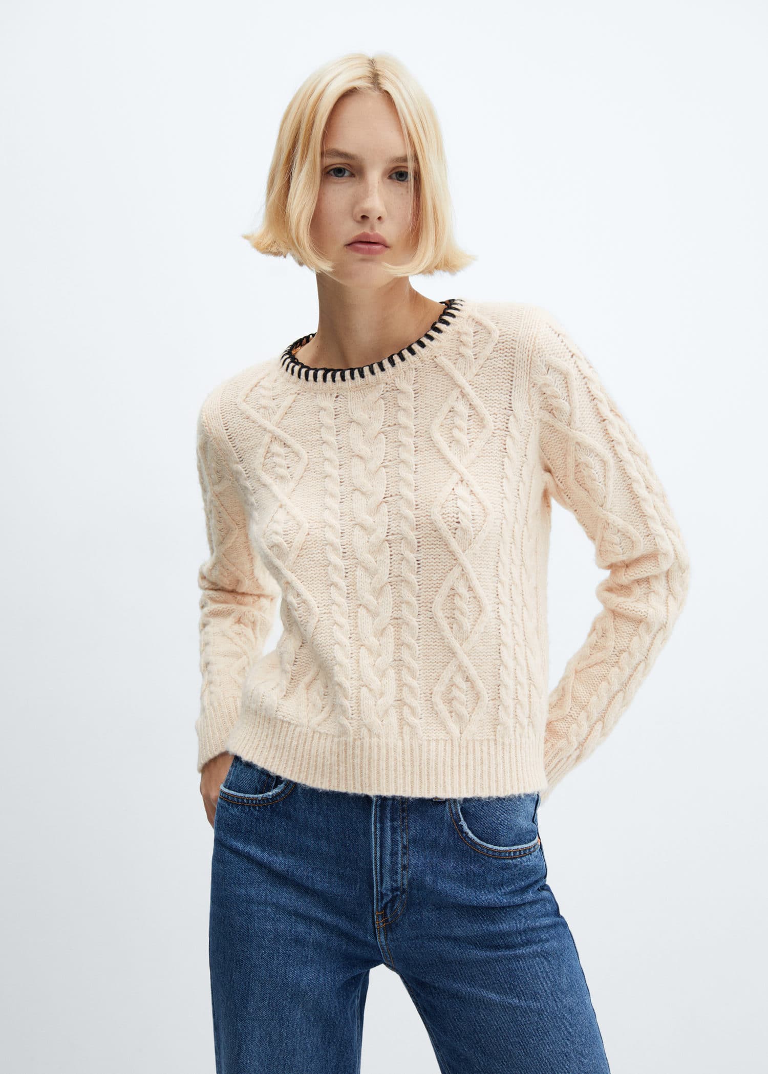 Cable-knit sweater with contrasting trim