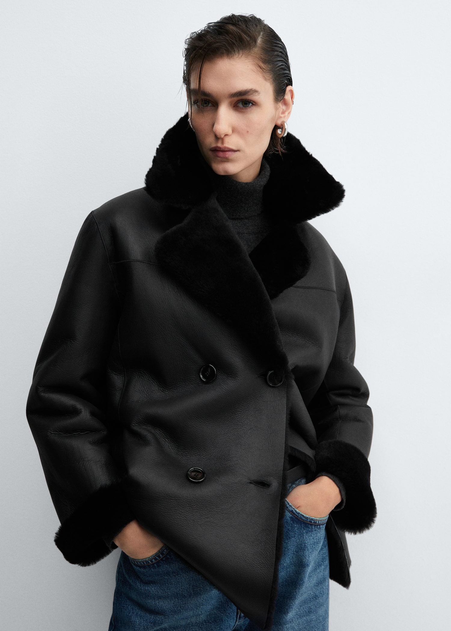 Shearling-lined leather jacket | MANGO