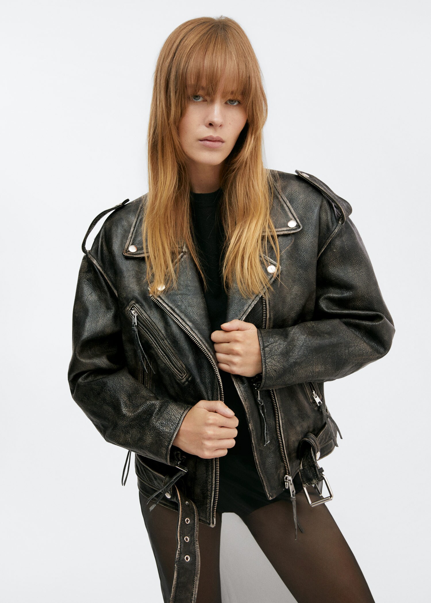 Leather biker oversize jacket | MANGO