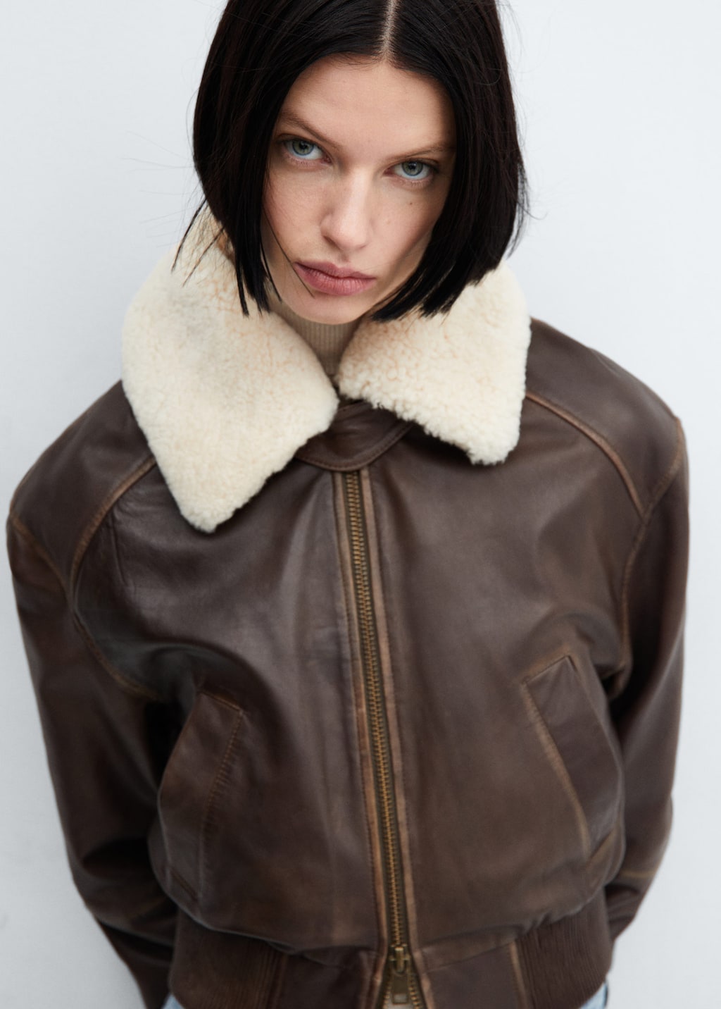 Brown Shearling Leather Bomber Jacket