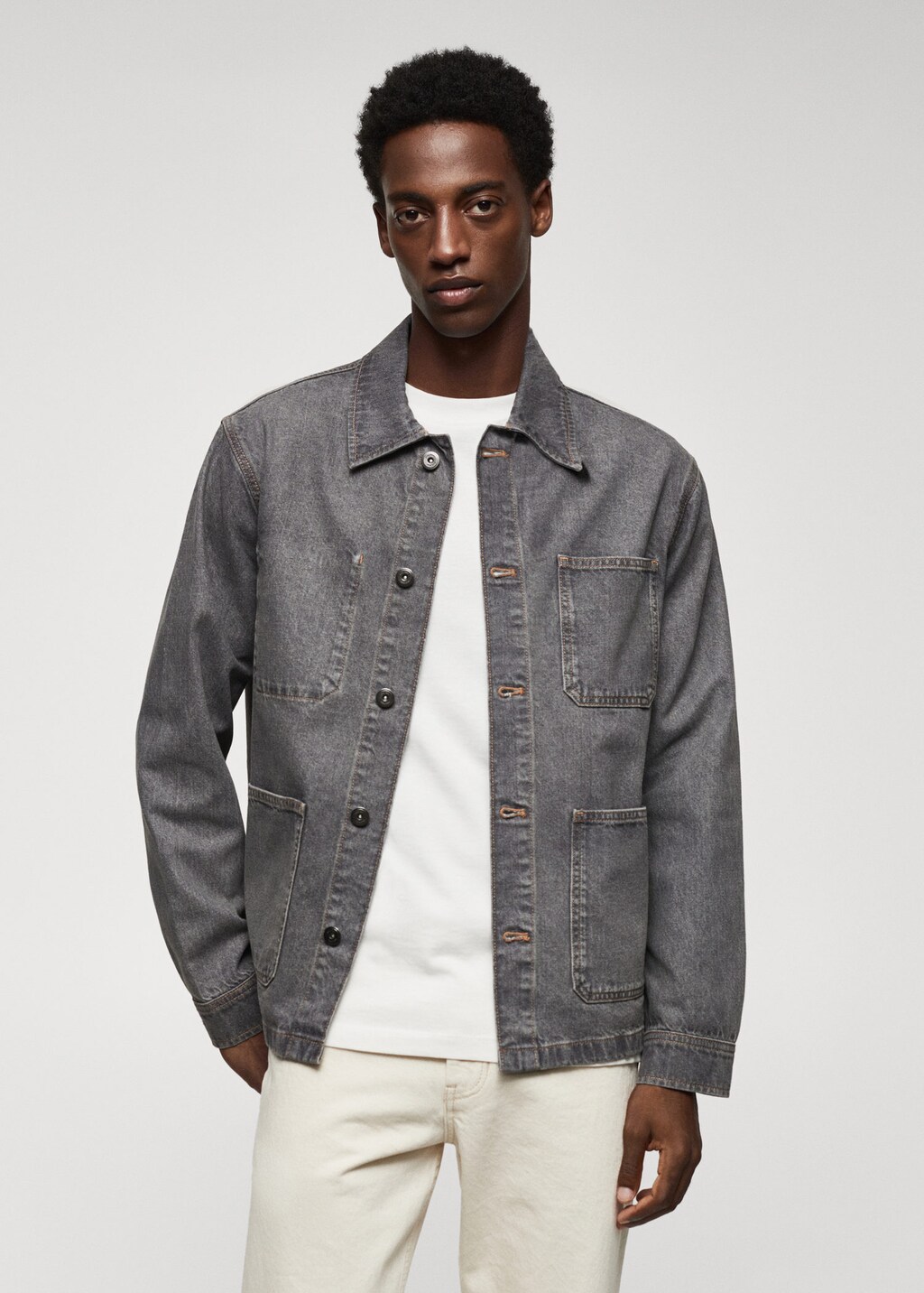 White denim overshirt embroidered with bright colors and pockets main image 1