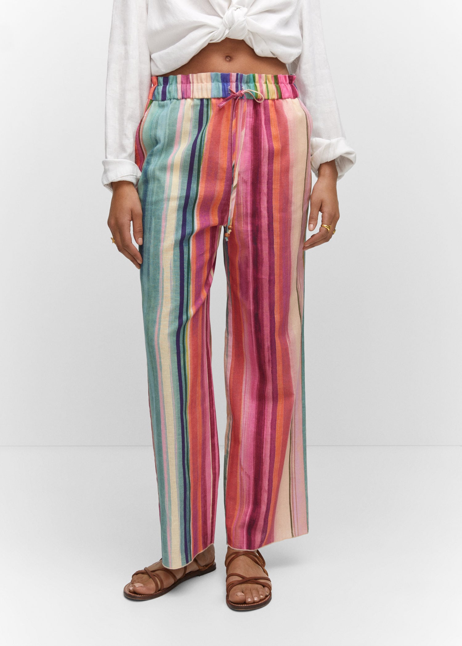 Multi-coloured striped linen trousers