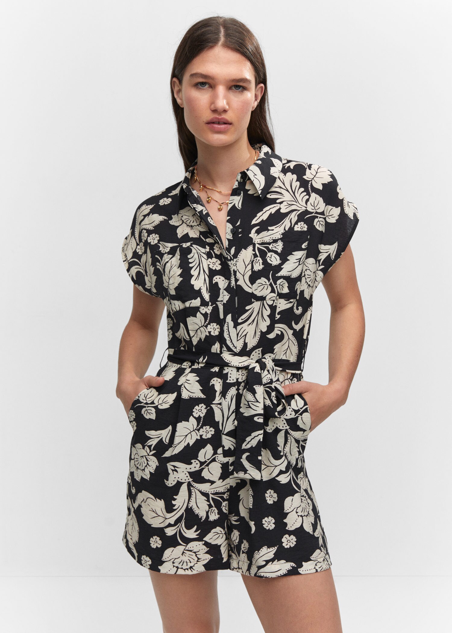 Floral-print jumpsuit with tie | MANGO