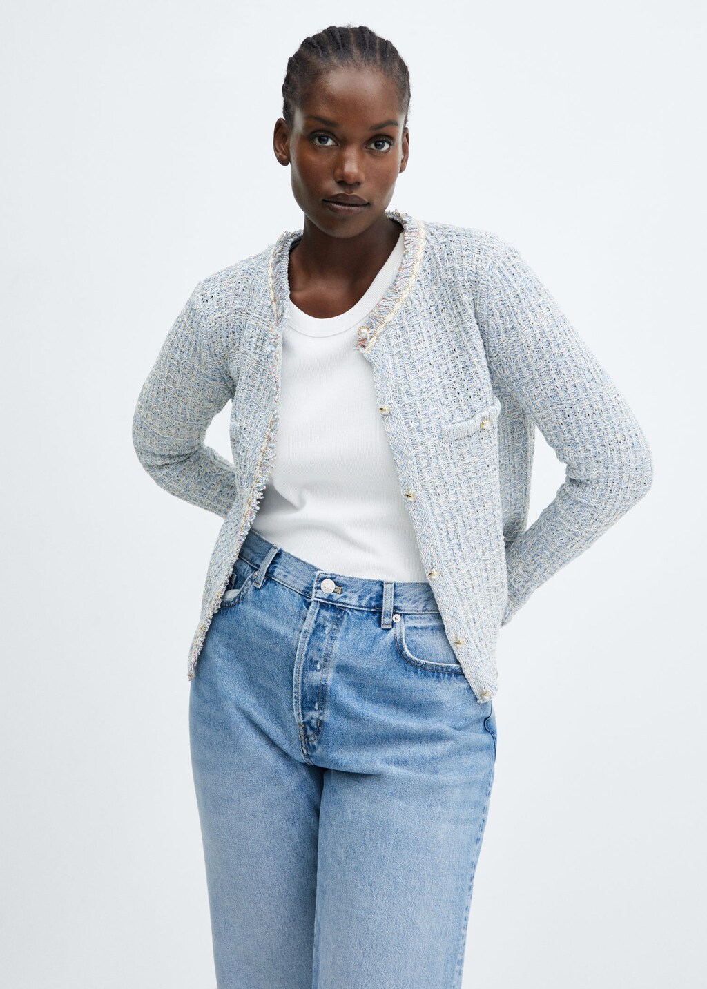 Tweed cardigan with jewel button | MANGO