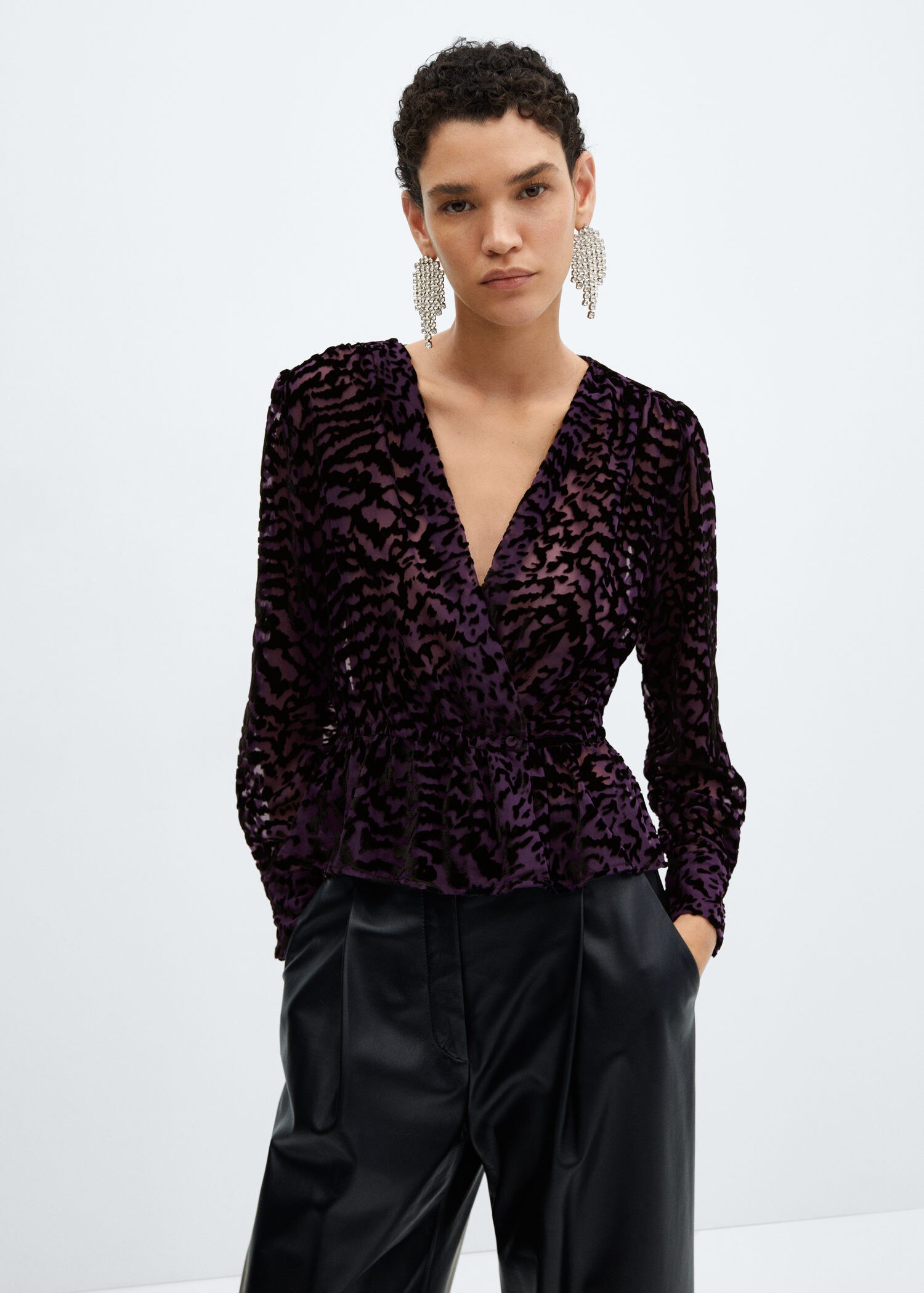 Animal-print velvet blouse