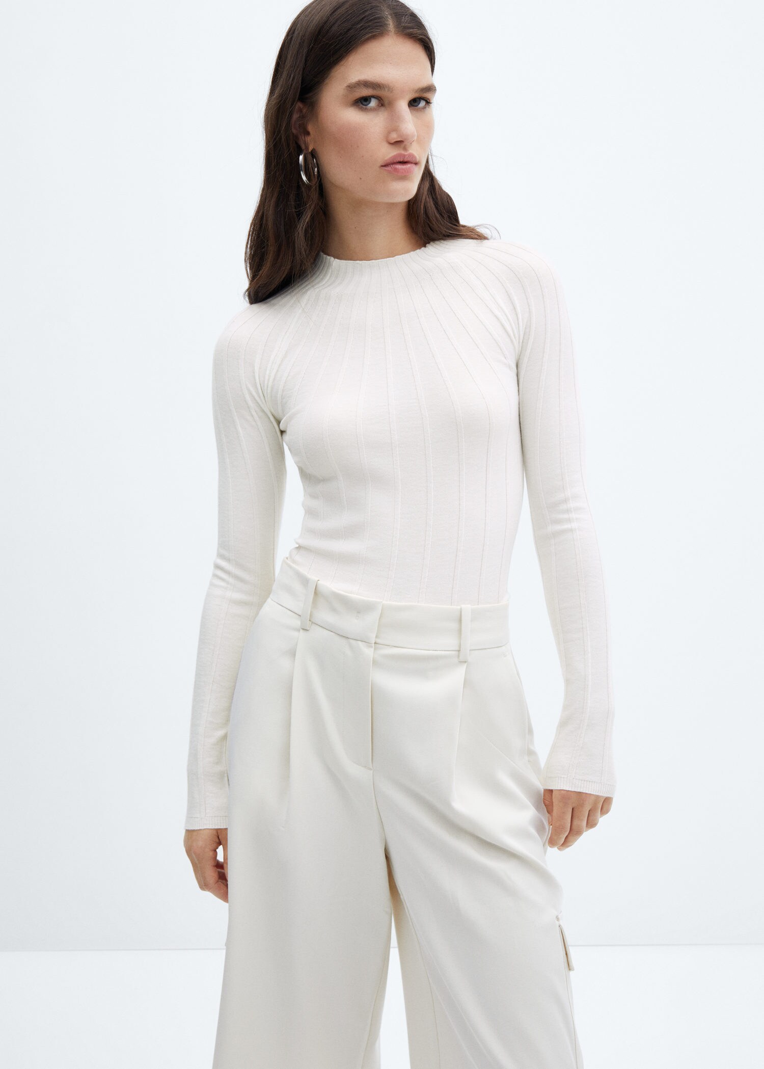 Zara Women's Ribbed Knit Sweater Cream High Collar Long Sleeve Raglan  Pullover s