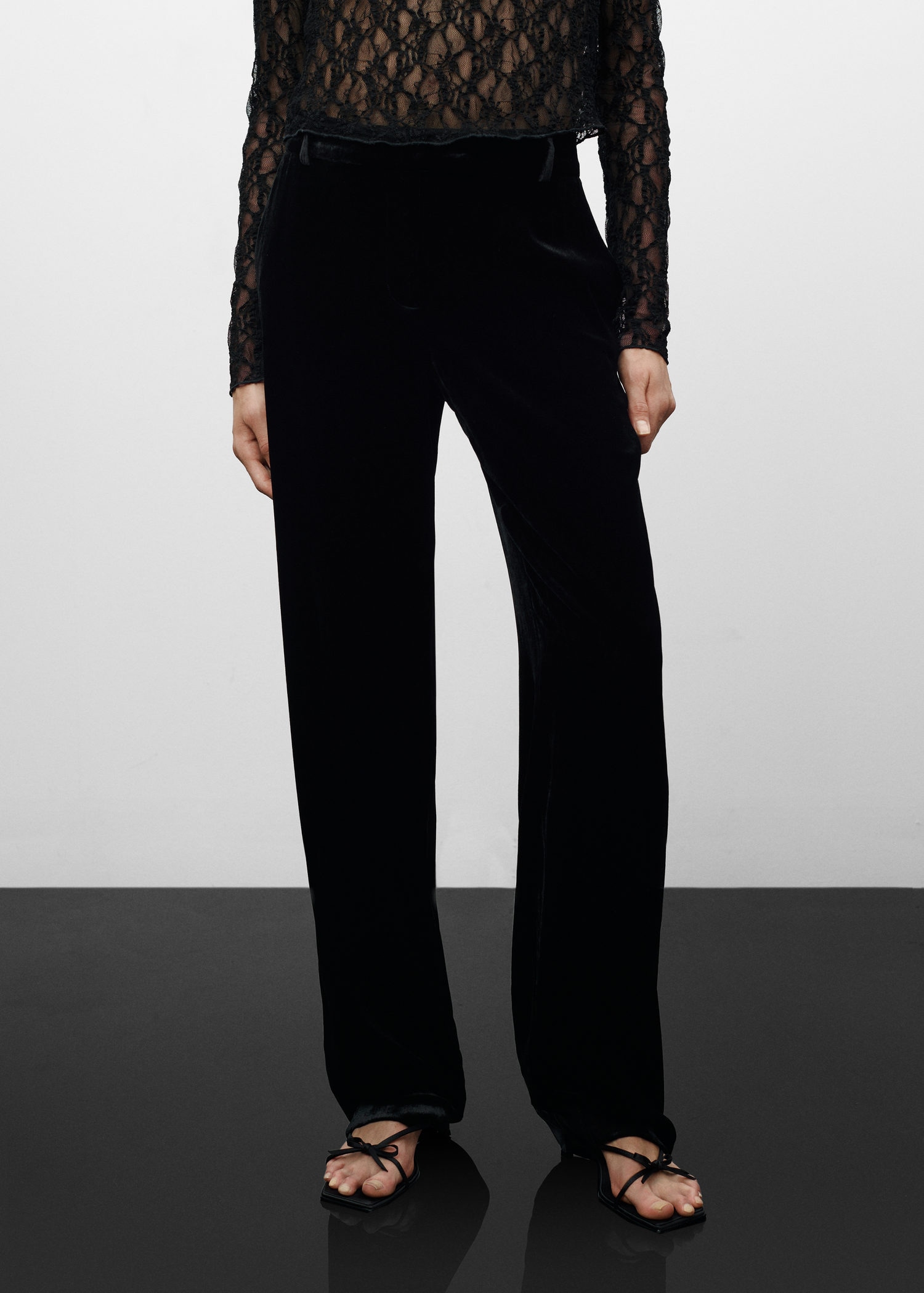 Wide-leg black velvet pants