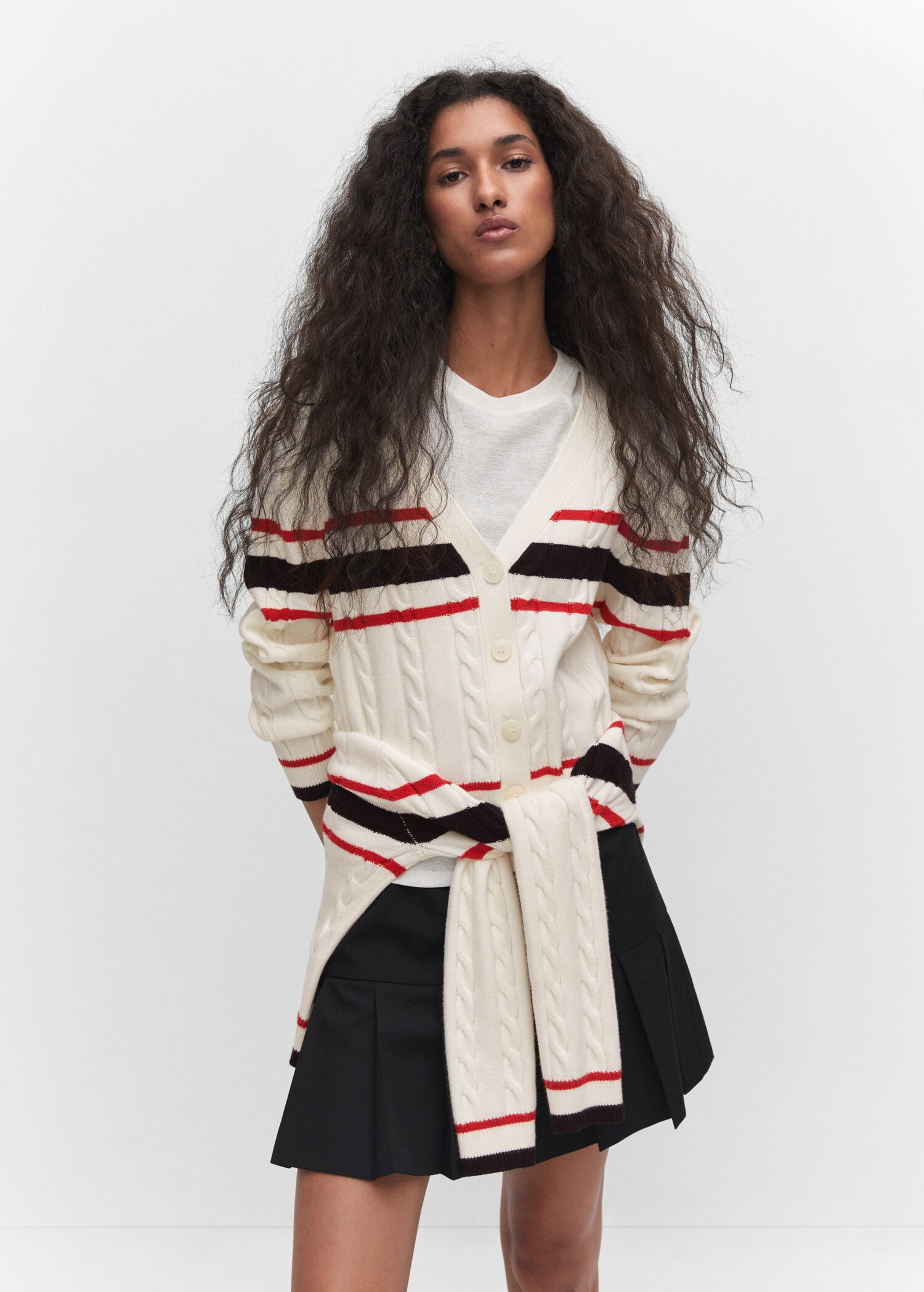 Striped plait-knitted cardigan