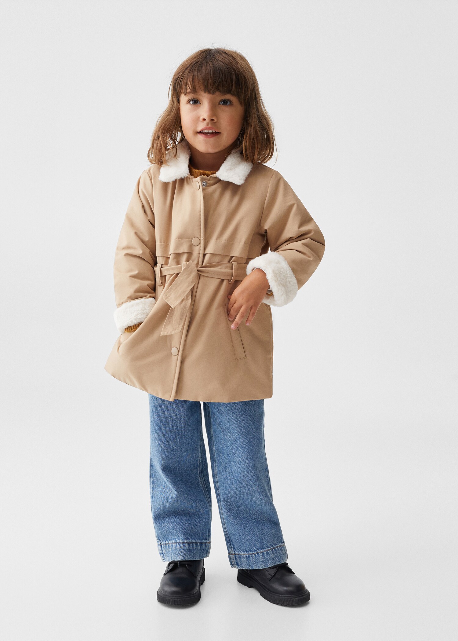 Trench coat with fur-effect collar  - General plane