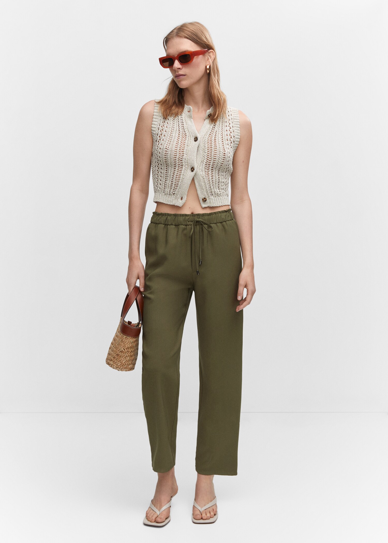 Flowy straight-fit trousers with bow - General plane