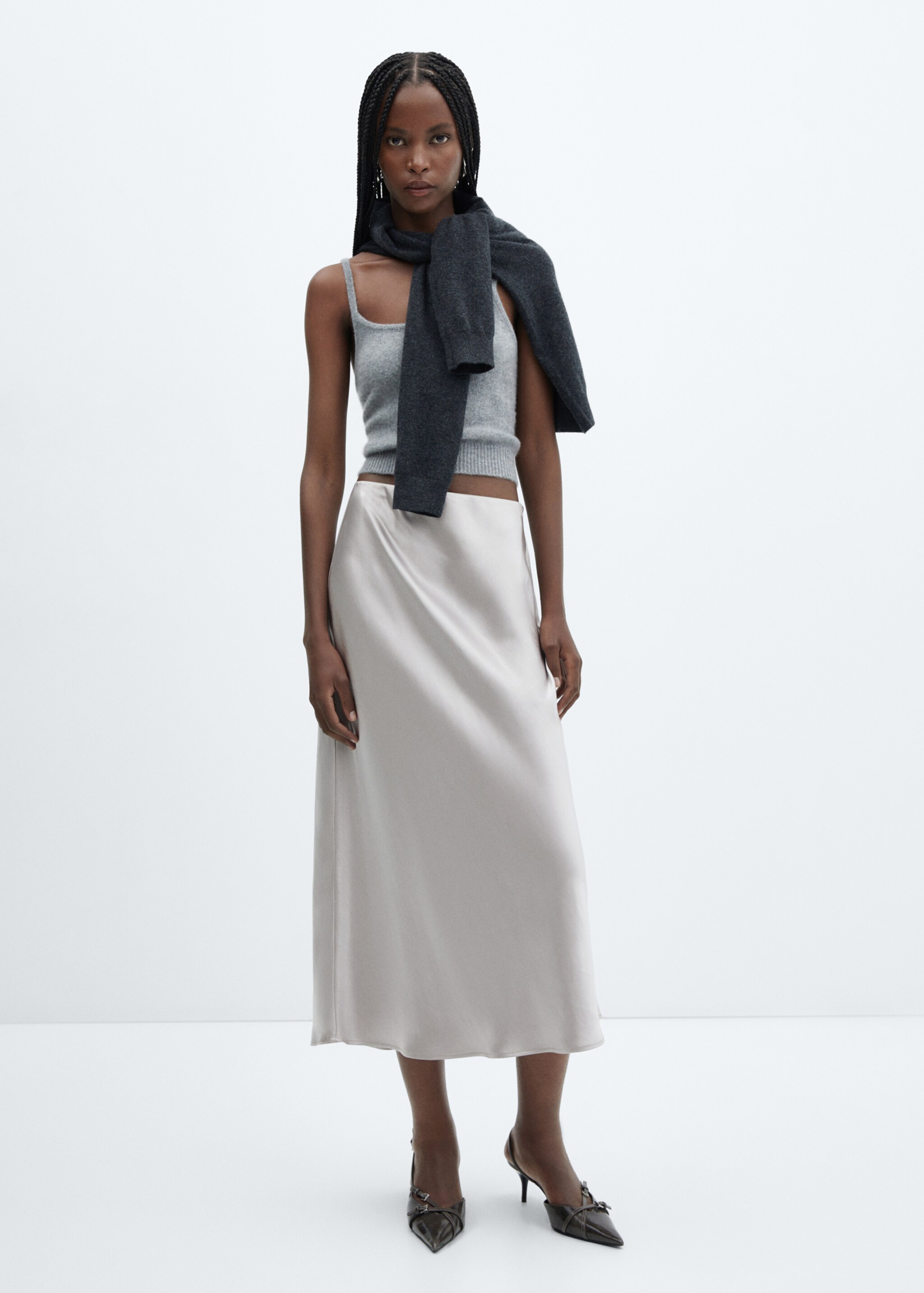 Midi satin skirt - General plane, Grey. Ref: 57030409-00.