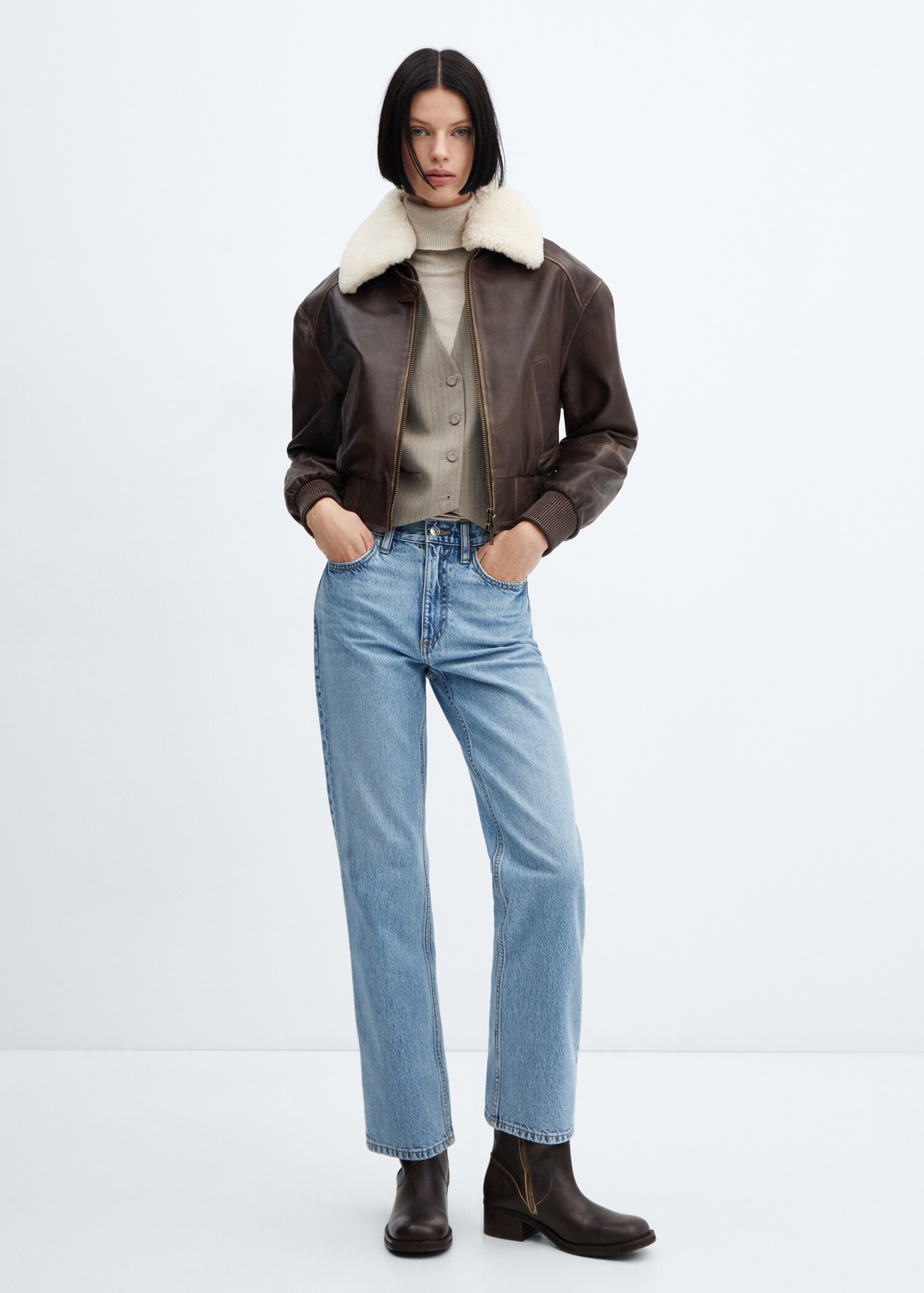 Leather bomber jacket with shearling collar - General plane