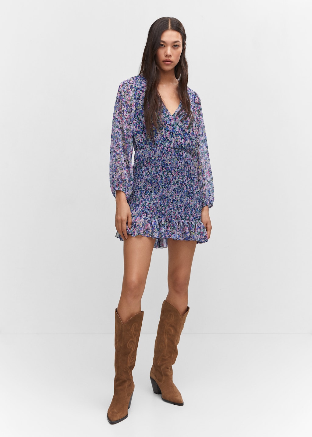 MANGO Vestido corto bajo fruncido azul G Mujer