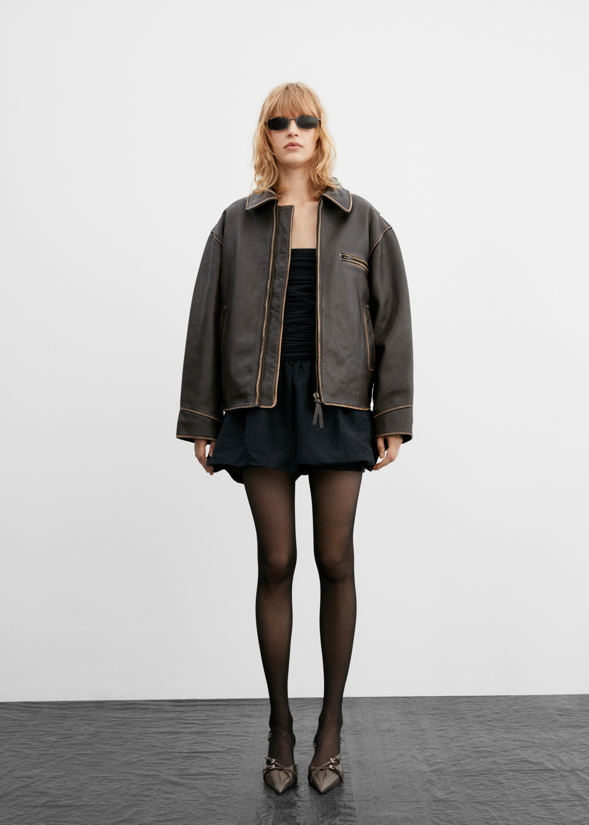 Oversized worn-effect leather jacket - Γενικό πλάνο