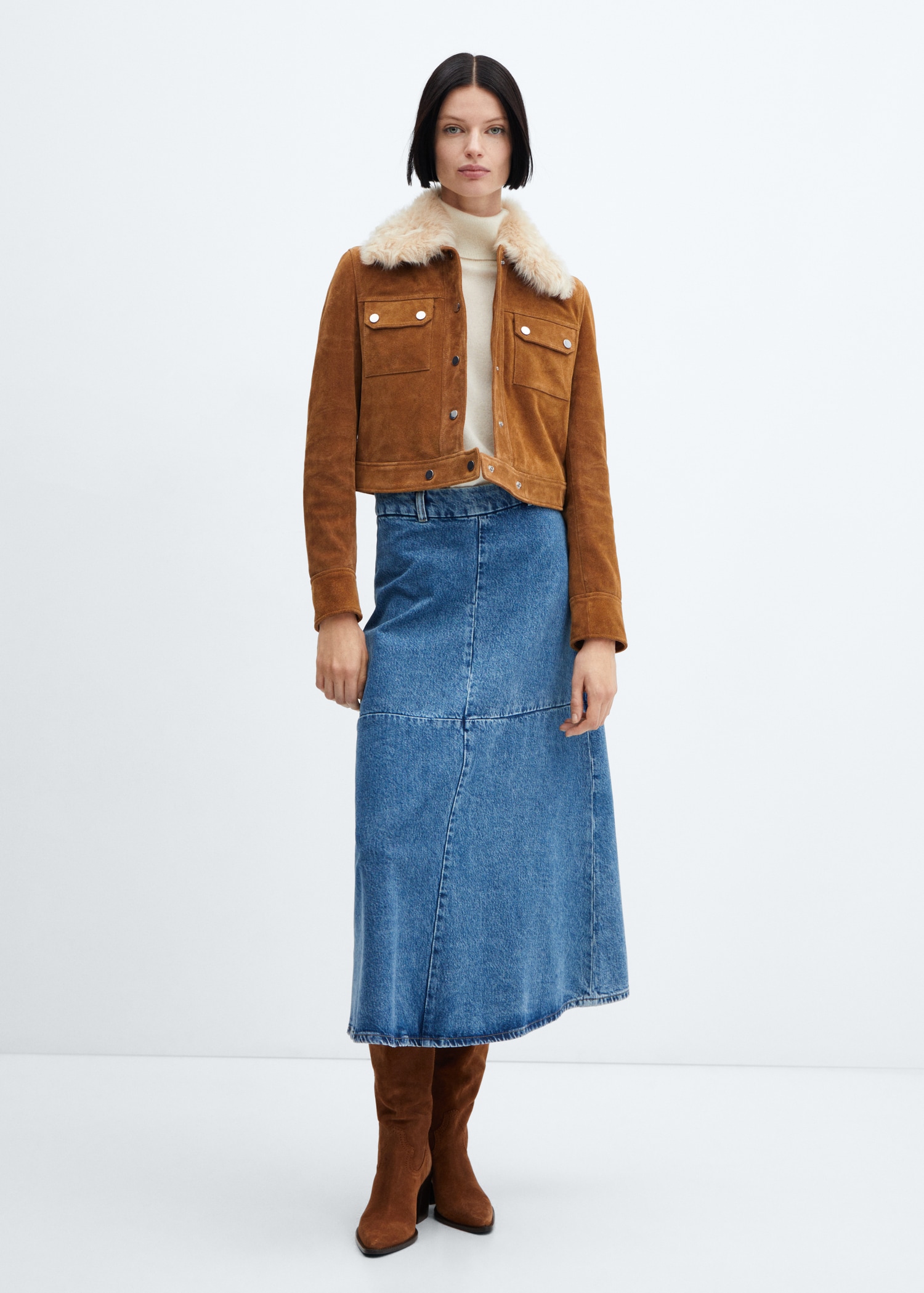 Suede jacket with fur-effect collar - General plane