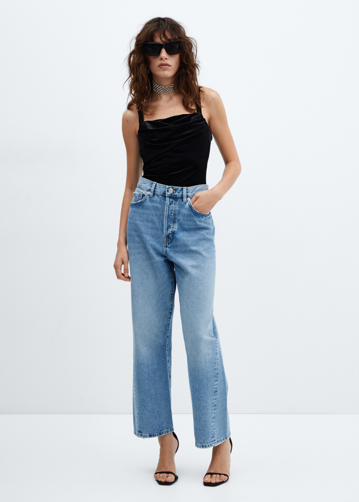 Velvet bodysuit with draped neckline - General plane
