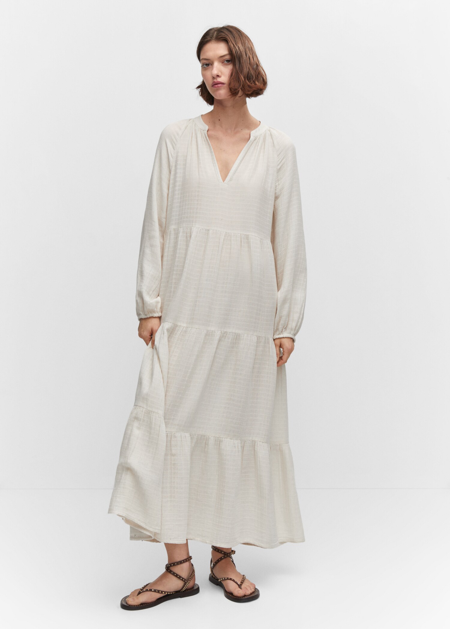 Maxi vestido algodón cuello pico - Plano general