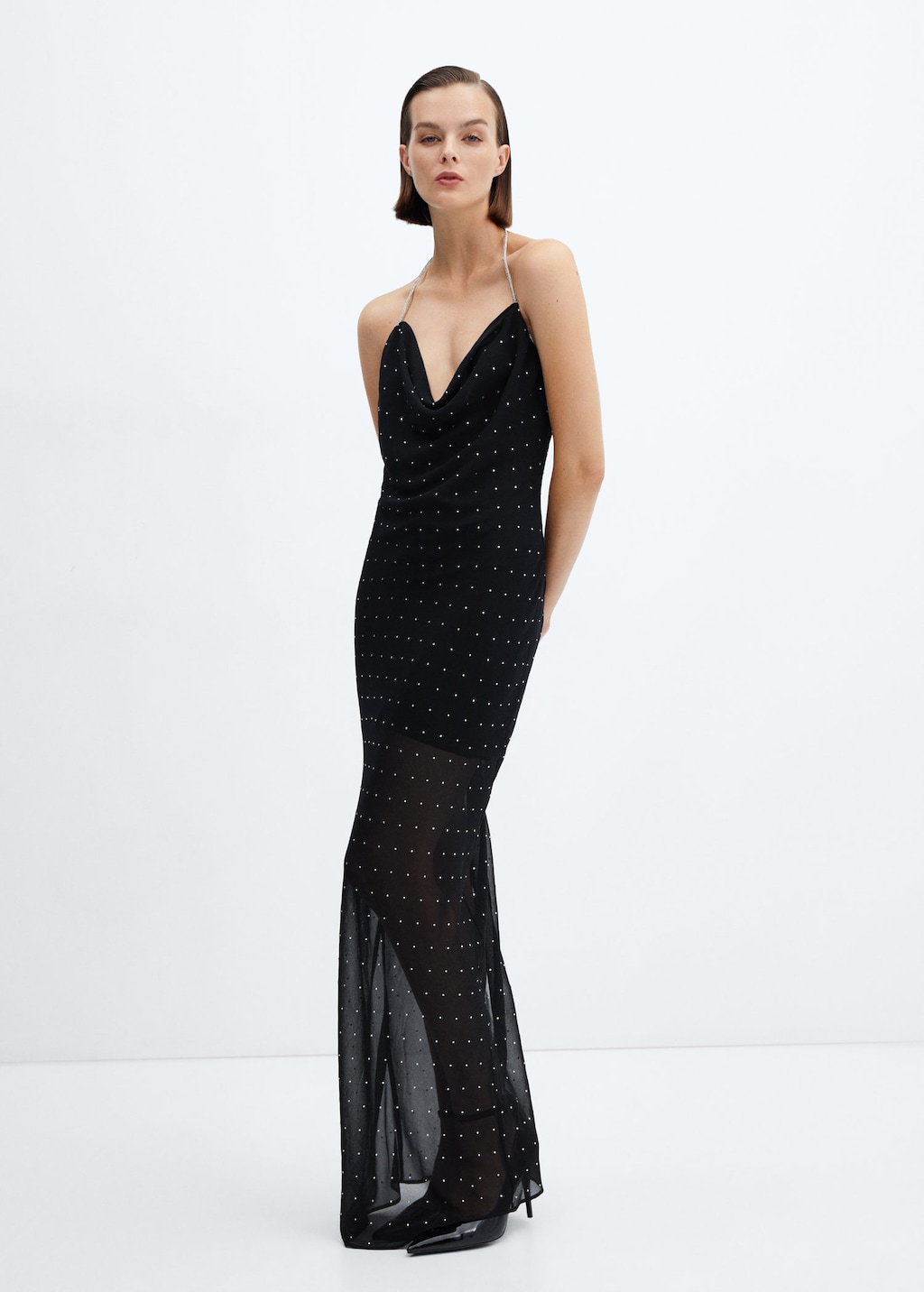 Draped-neck rhinestone dress