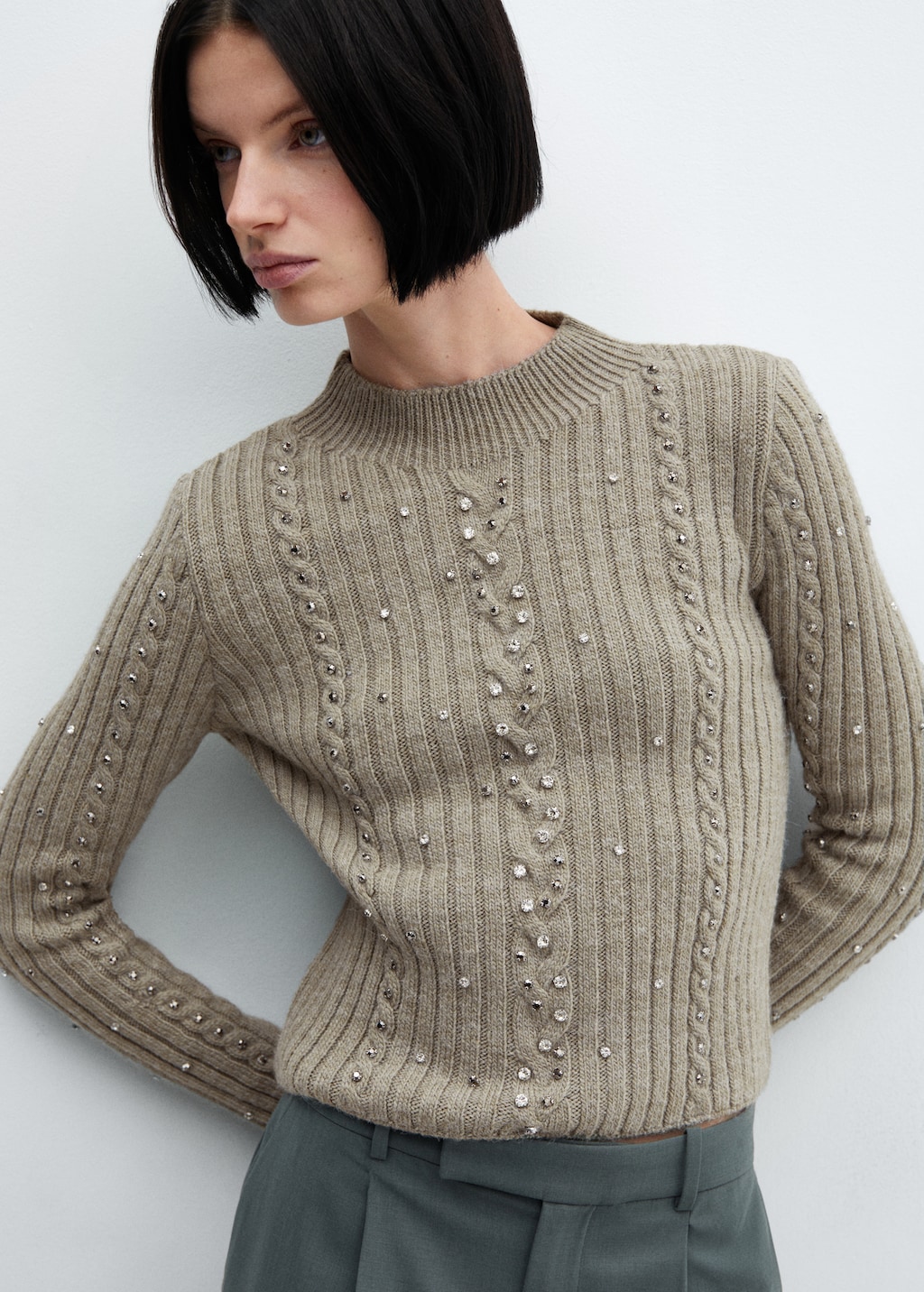Mango Rhinestone detail ribbed sweater thumbnail