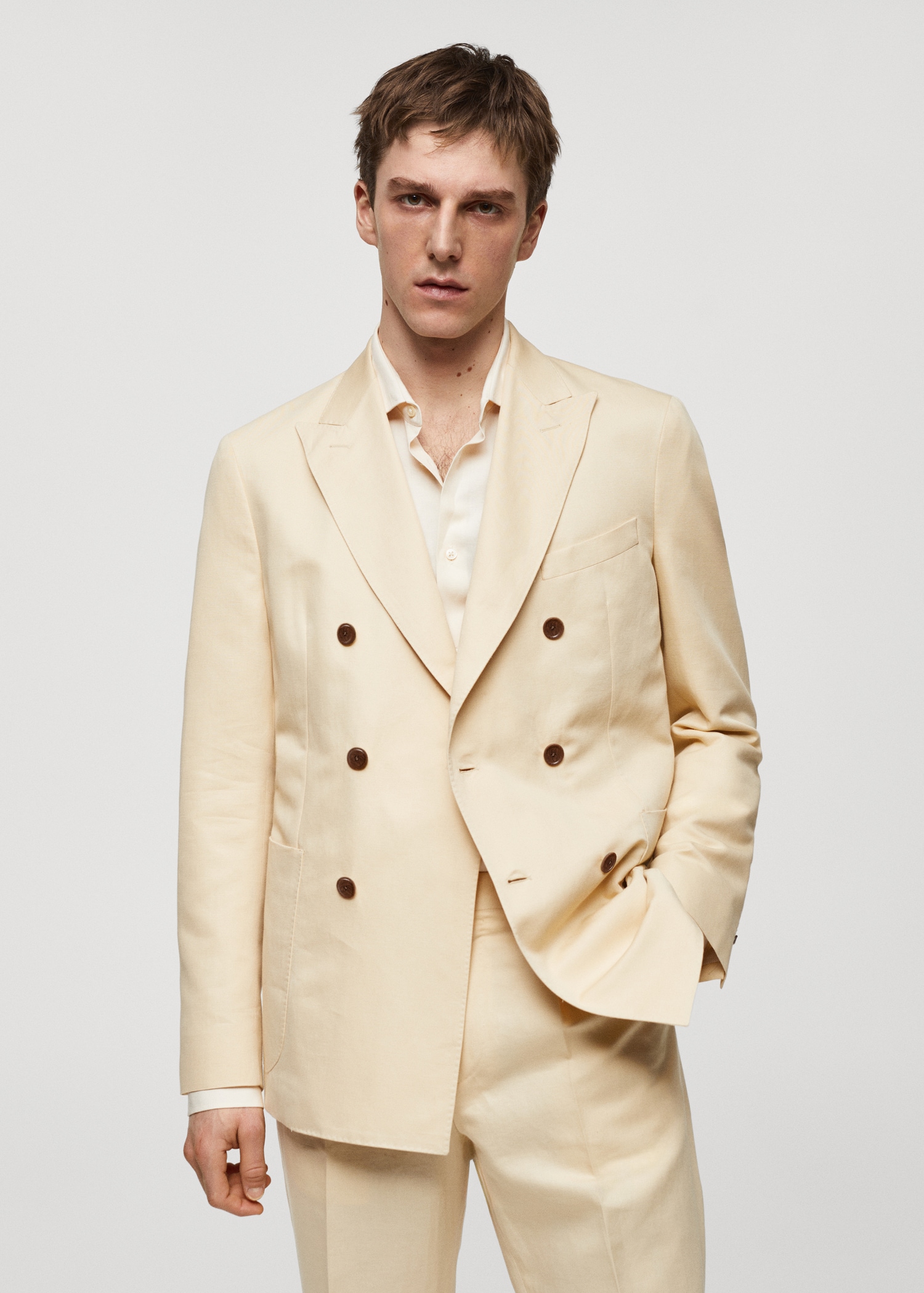 Double Breasted Suit Beige Cotton Blazer Cotton-linen Double