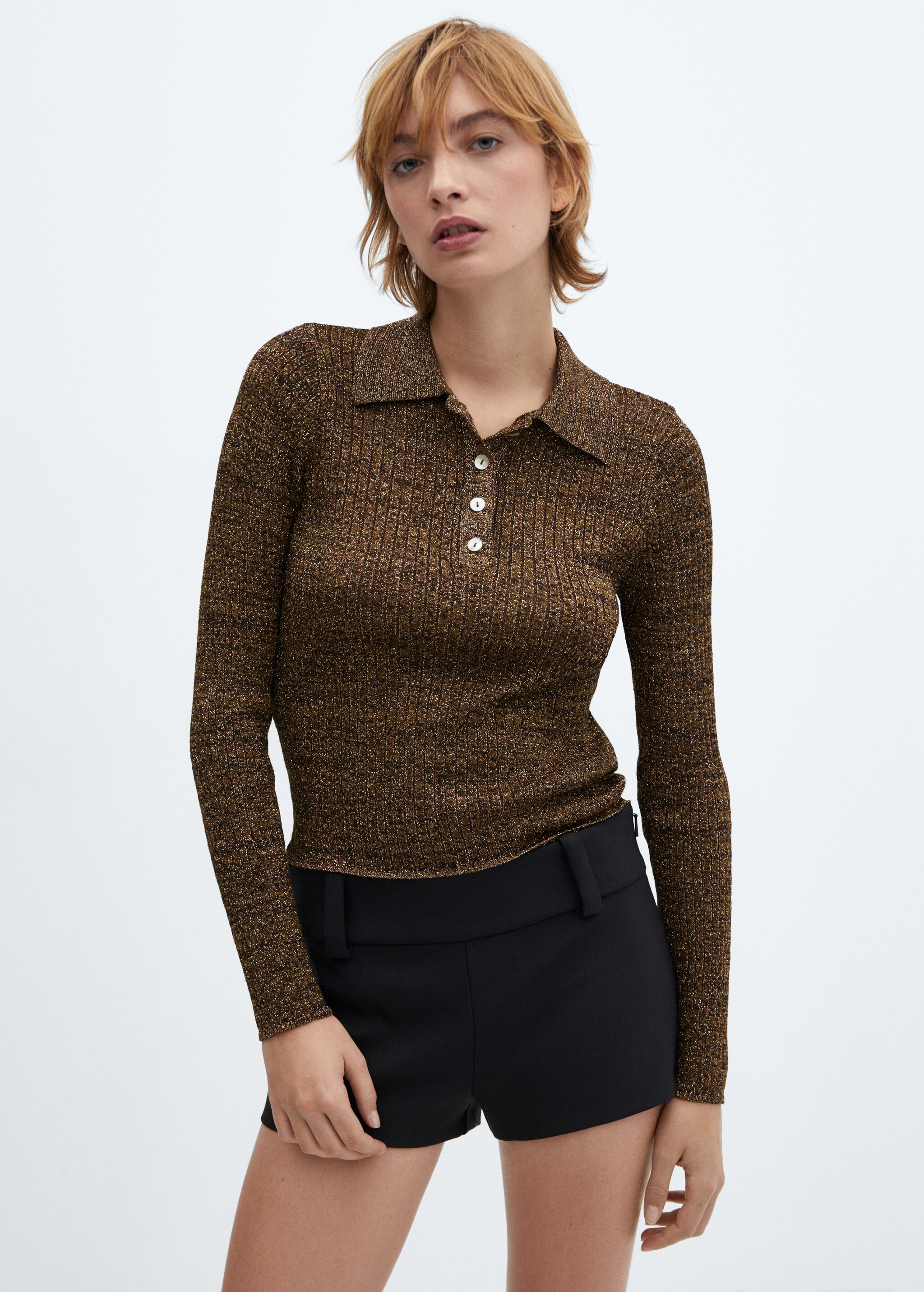 Lurex-Pullover mit Poloshirt-Kragen - Mittlere Ansicht