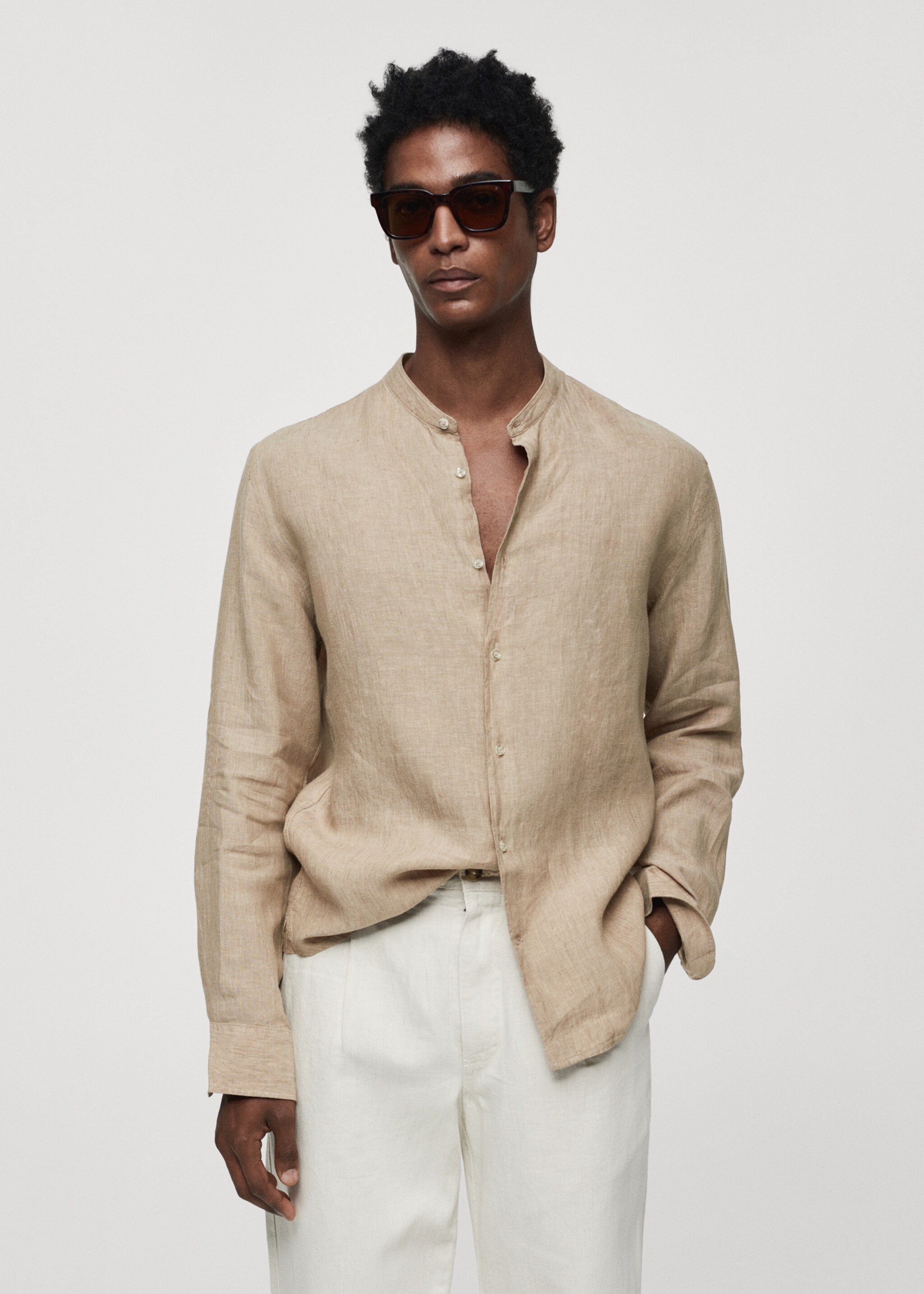 100% linen Mao collar shirt - Medium plane, Beige. Ref: 67026730-00.