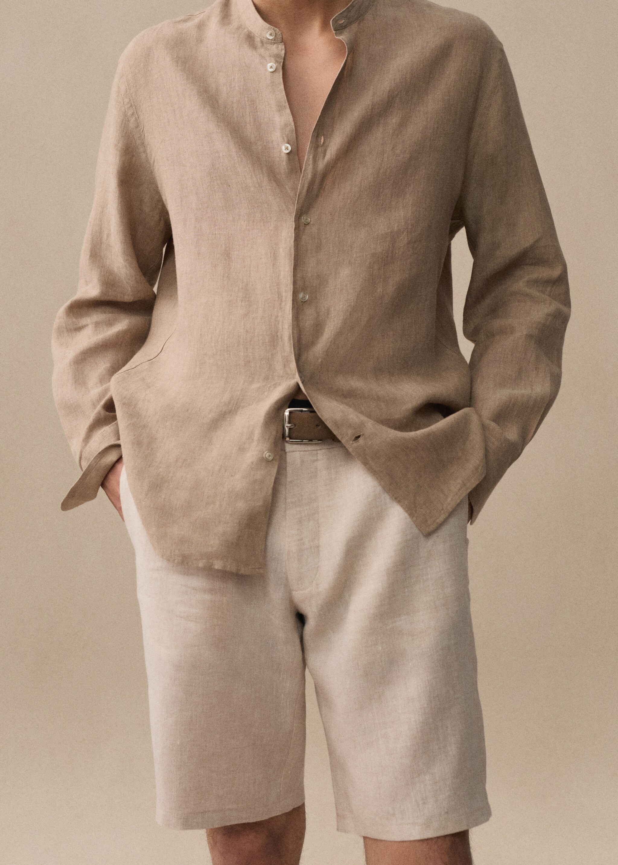 100% linen Mao collar shirt - Details of the article 9, Beige. Ref: 67026730-00.