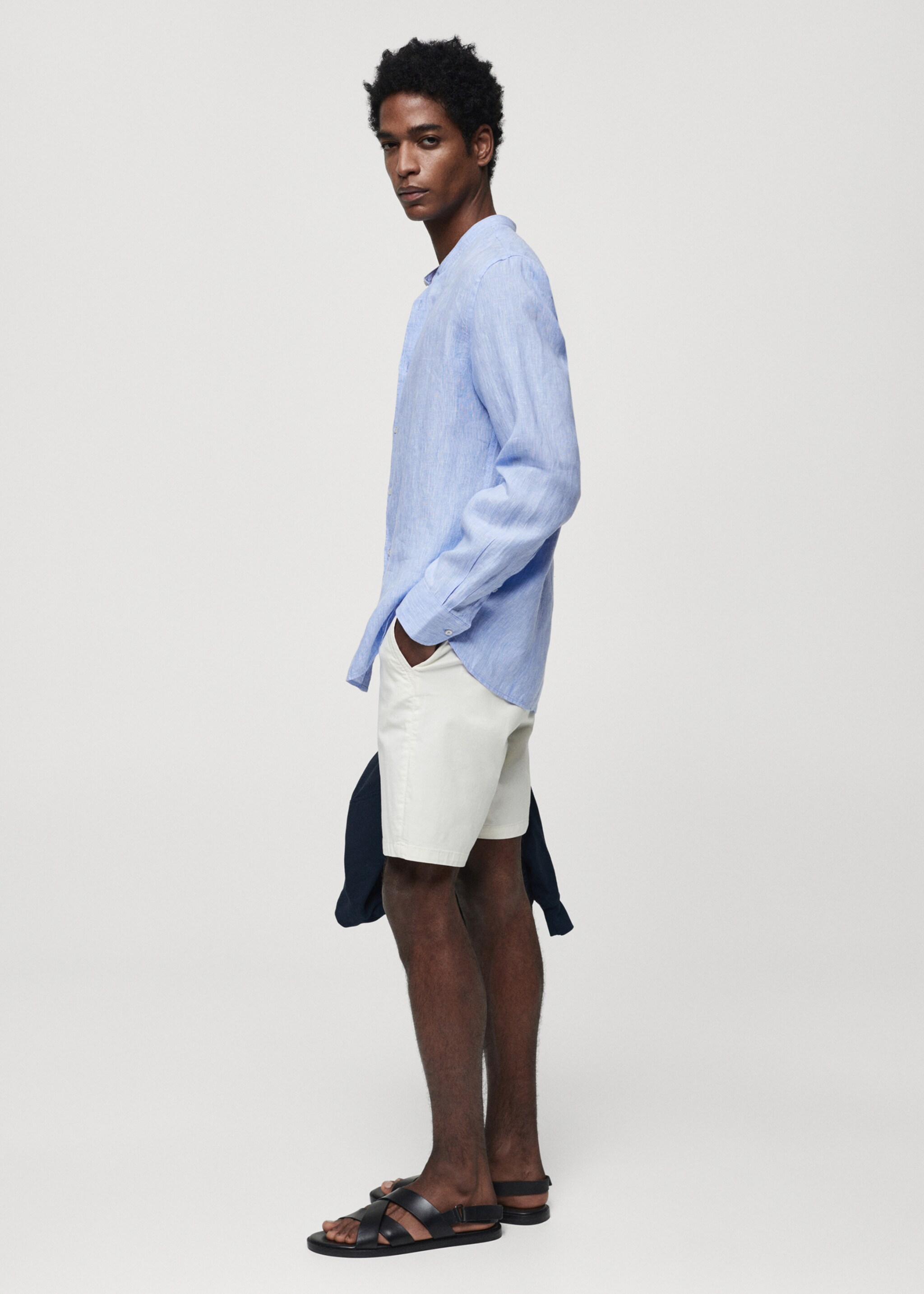 100% linen Mao collar shirt - Details of the article 2, Sky Blue. Ref: 67026730-00.