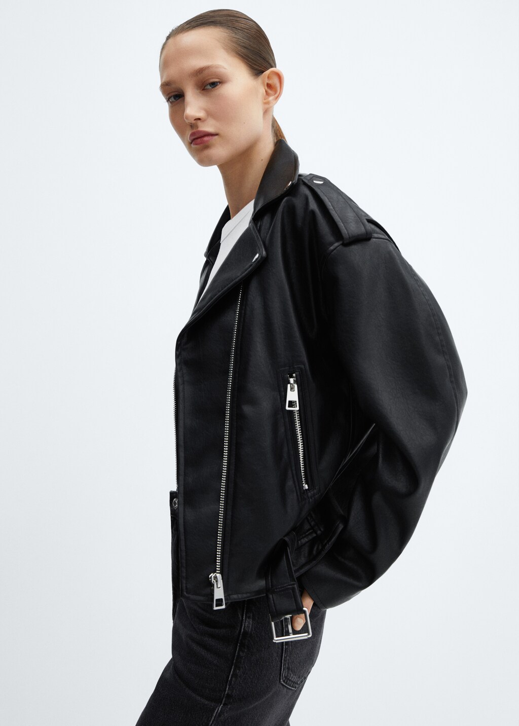 Leather-effect biker jacket - Women | MANGO Japan
