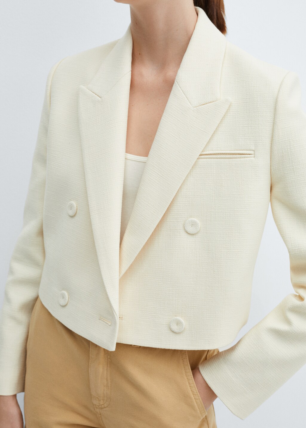Double-breasted cropped jacket - Women | MANGO Japan Double-breasted cropped jacket - Women | MANGO Japan