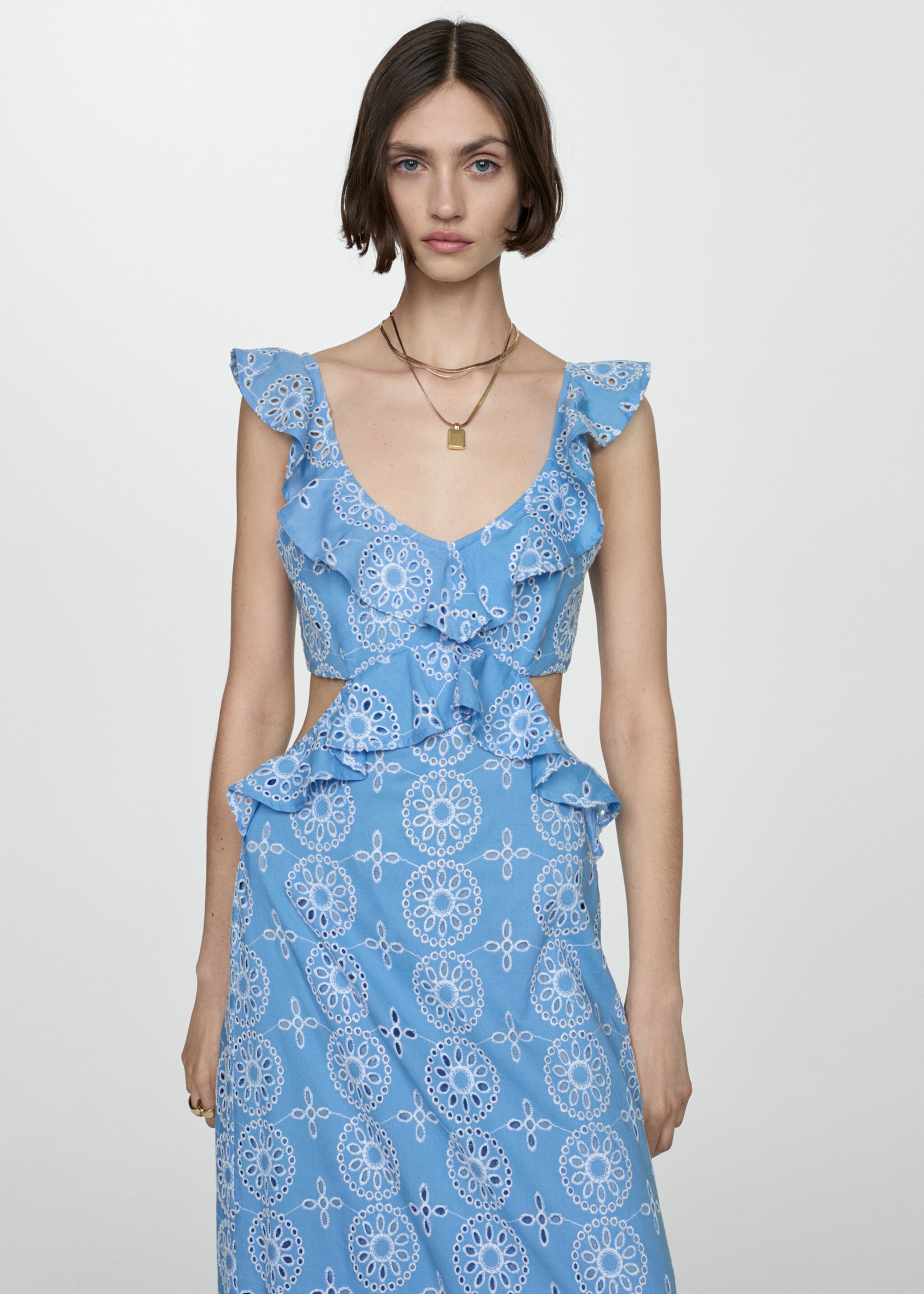 Openwork details ruffle dress - Medium plane, Blue. Ref: 67038640-00.