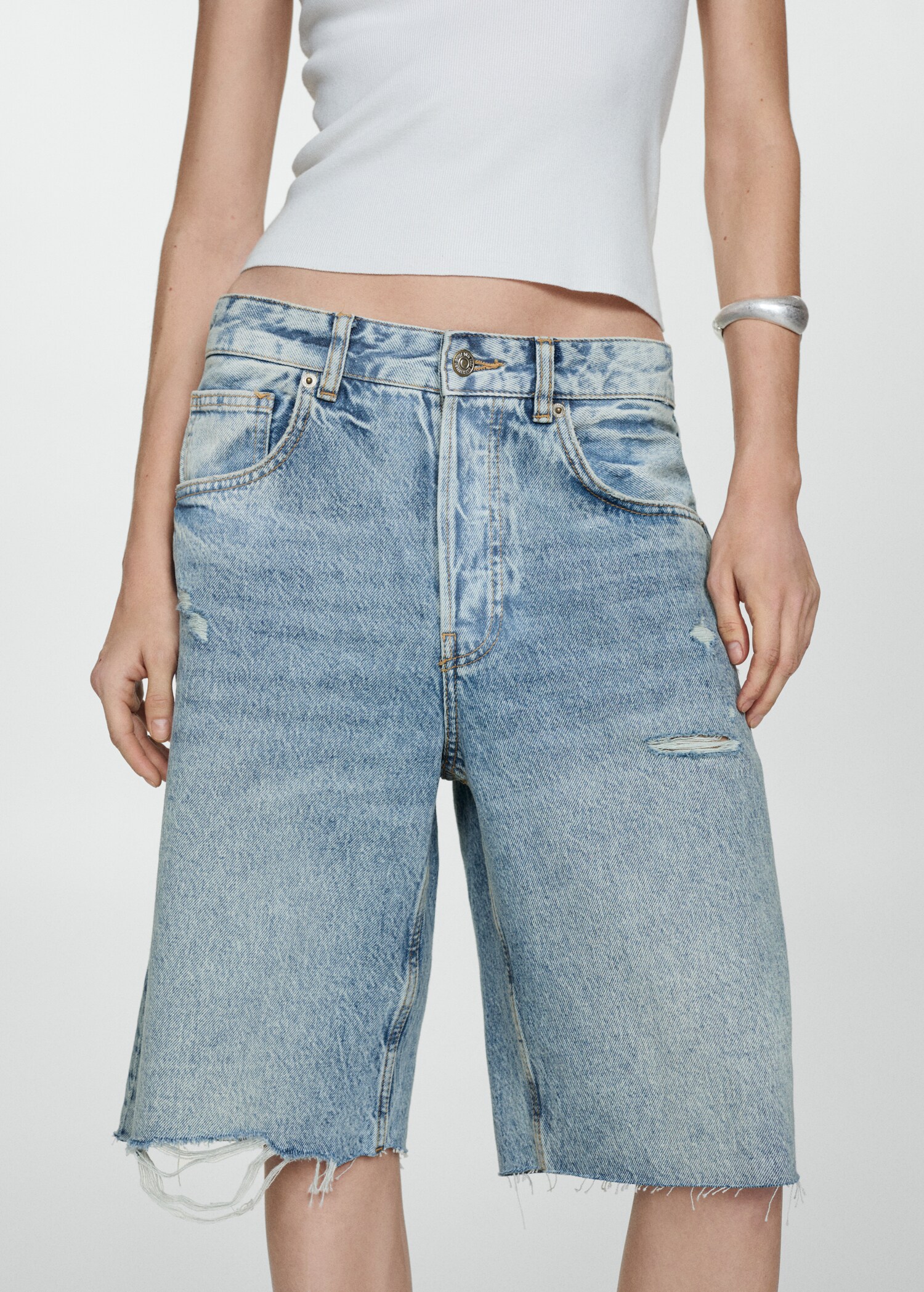 Decorative ripped denim bermuda shorts - Women | MANGO Saudi