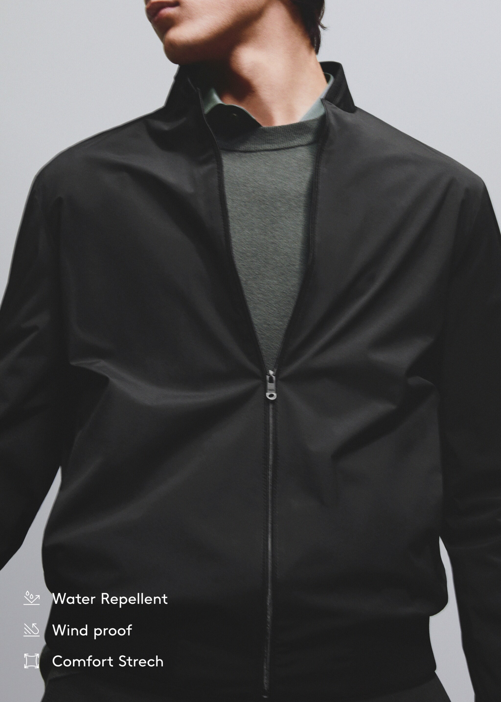Stretch water-repellent bomber jacket - Details of the article 5, Black. Ref: 67044440-00.