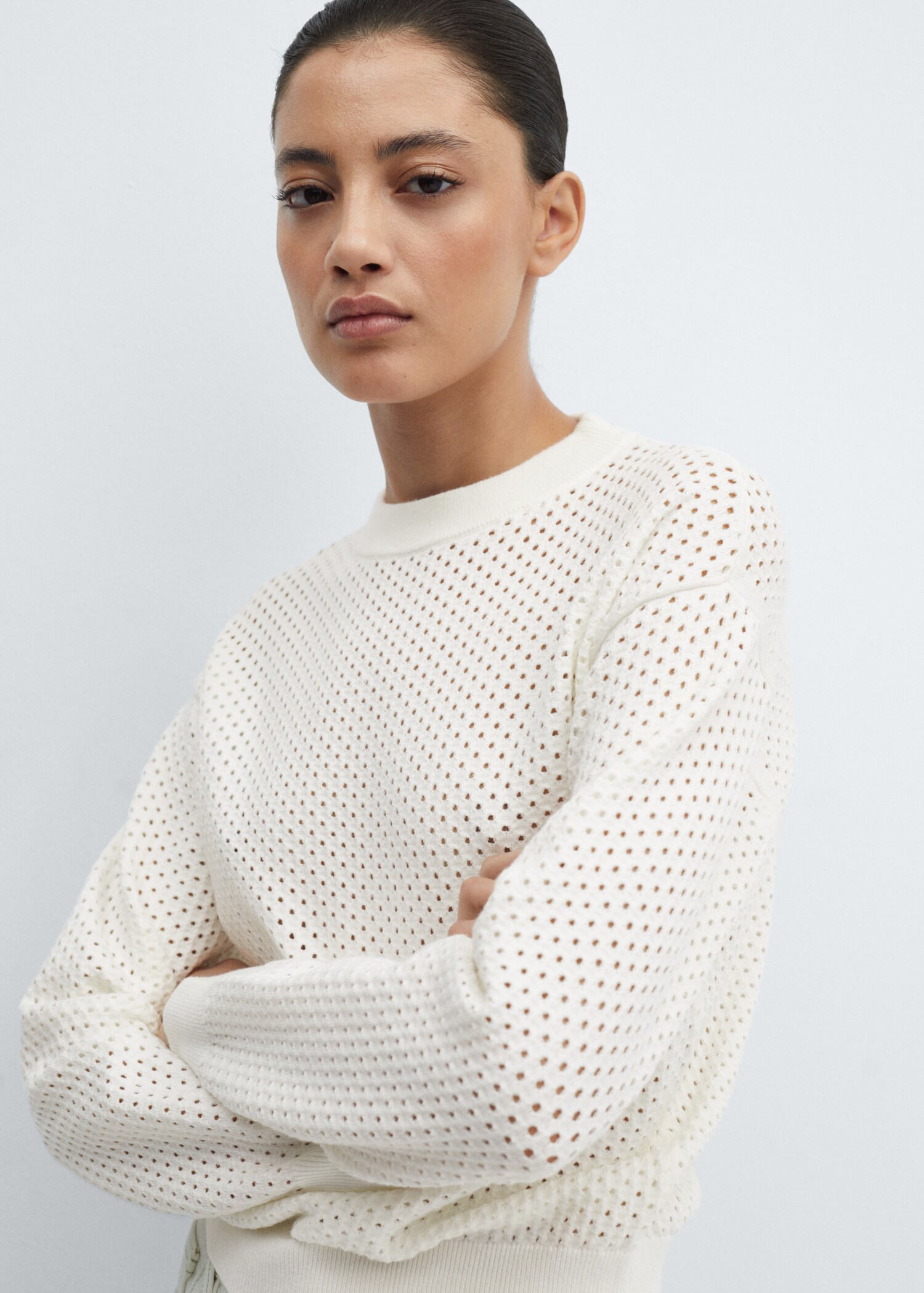 Double Take Full Size Openwork Contrast Long Sleeve Hooded Sweater main image 0