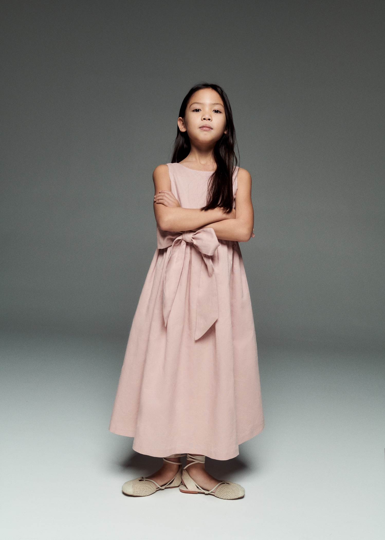 Bow linen-blend dress Kids MANGO China1