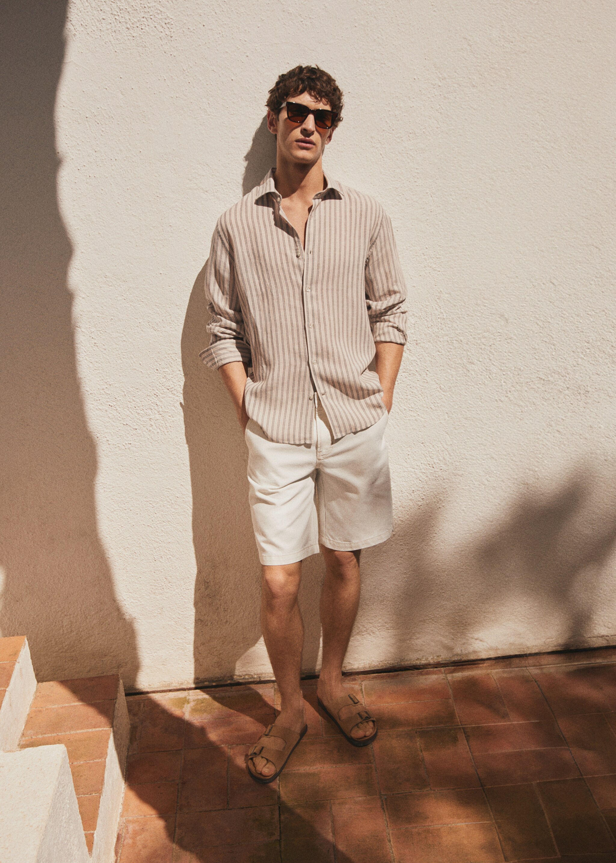 리넨 텐셀 혼방 스트라이프 셔츠 - 상품 내역: 3, 베이지. Ref: 67056313-00.