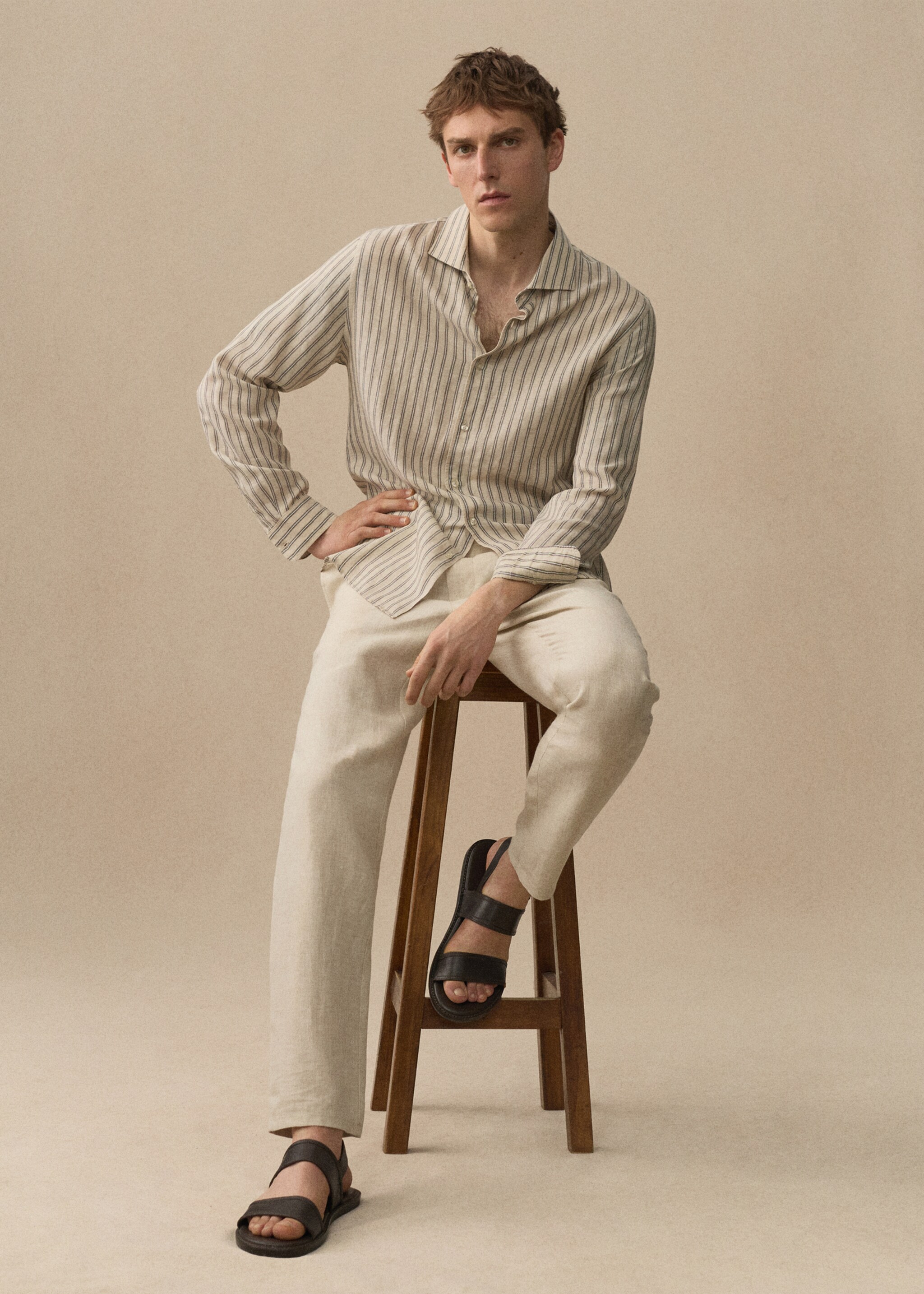 리넨 텐셀 혼방 스트라이프 셔츠 - 상품 내역: 5, 베이지. Ref: 67056313-00.