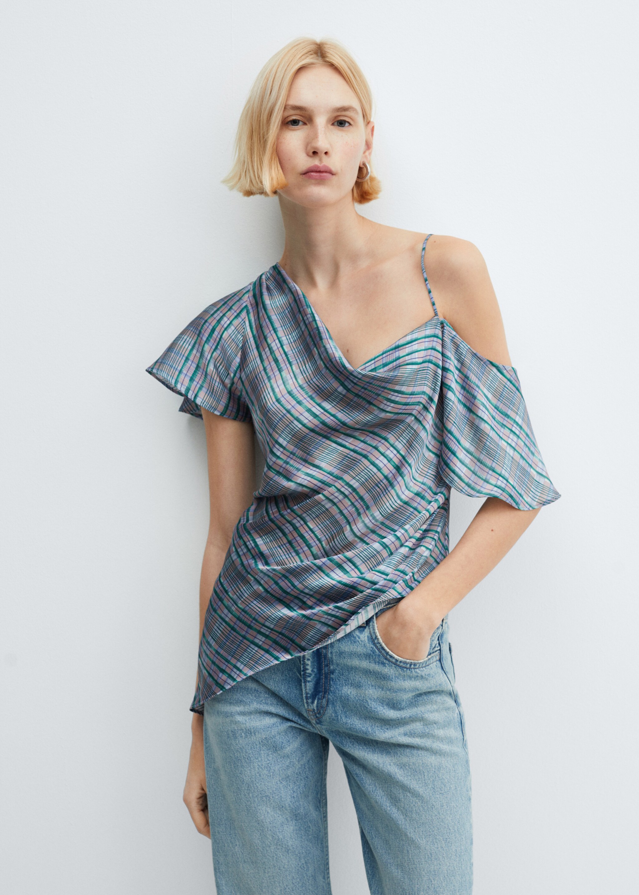 Asymmetrical satin check blouse - Medium plane, Blue. Ref: 67065754-00.