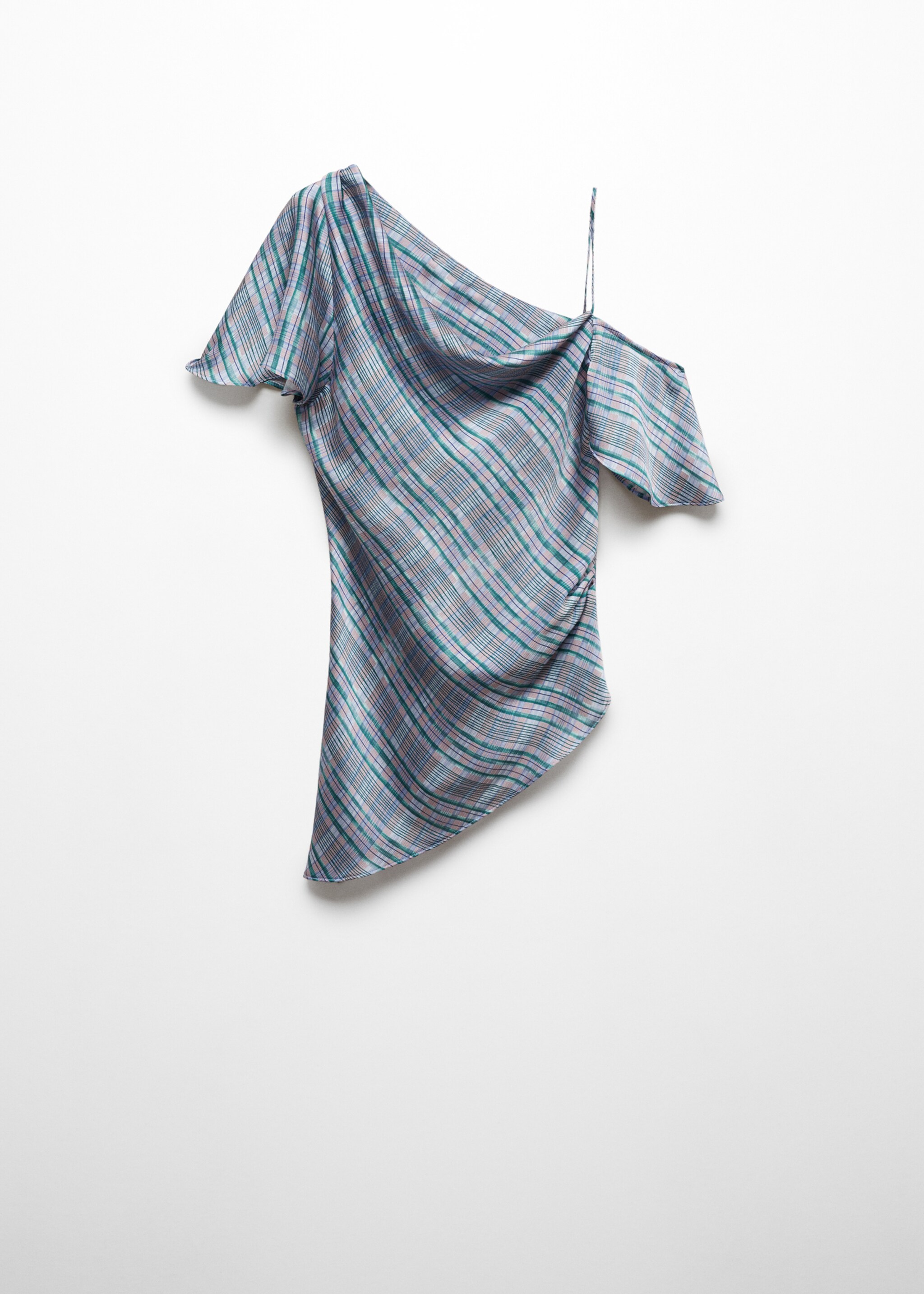 Asymmetrical satin check blouse - Article without model, Blue. Ref: 67065754-00.